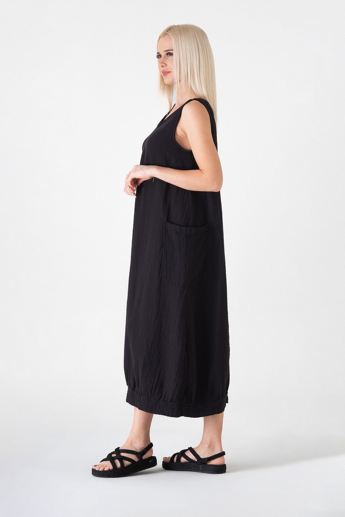 WENOR Sommerkleid Damen Musselin Strandkleid ärmellos 100 % Baumwolle mit Taschen Ballon-Saum, große Taschen, Einheitsgröße