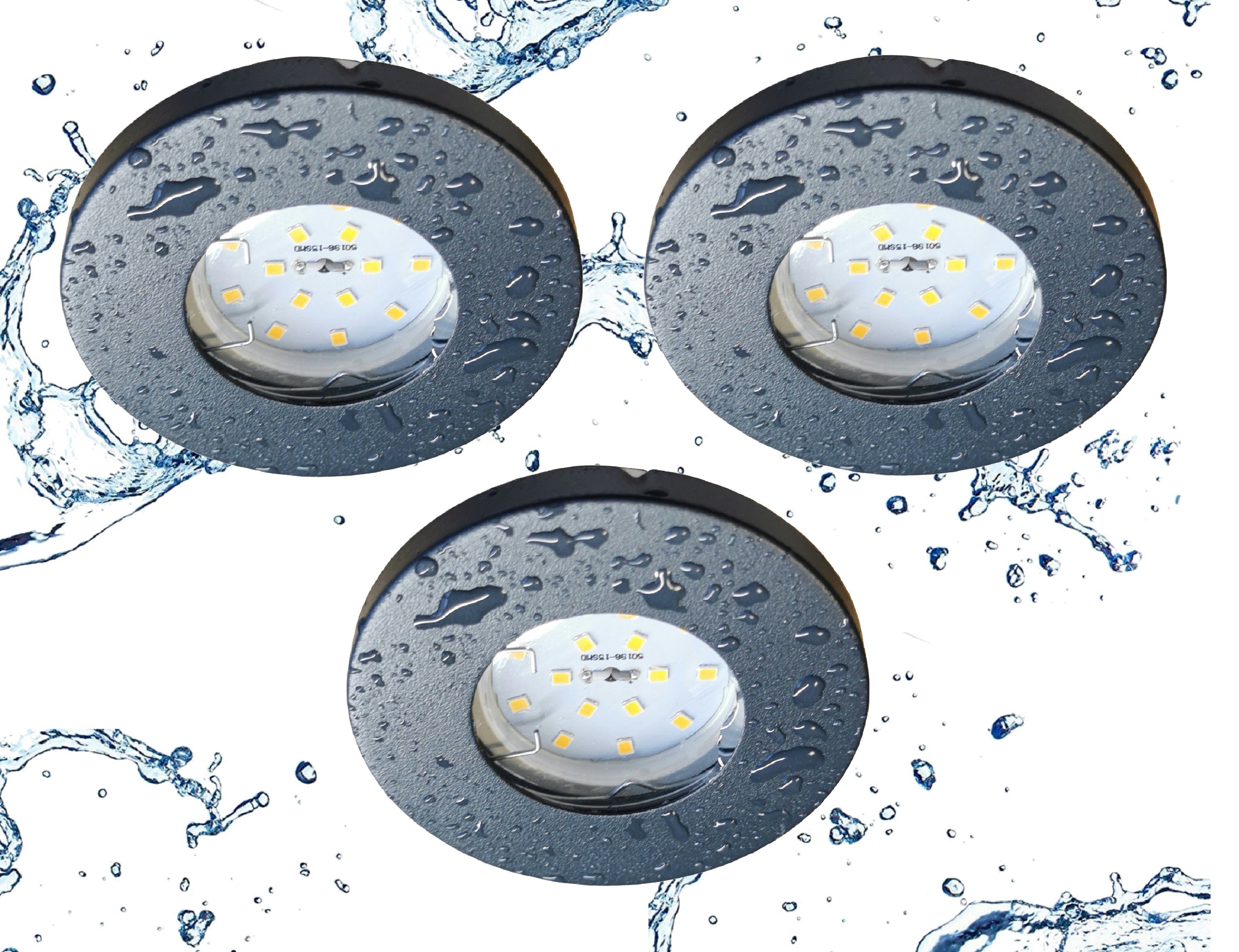 TRANGO LED Einbauleuchte, 3er Set 6729IP65-031MO IP65 LED Einbaustrahler in Anthrazit matt inkl. 3x 5 Watt 3000K warmweiß Ultra Flach LED Modul für Bad Einbauspots, Dusche Deckenstrahler, Deckenlampe, Badleuchte