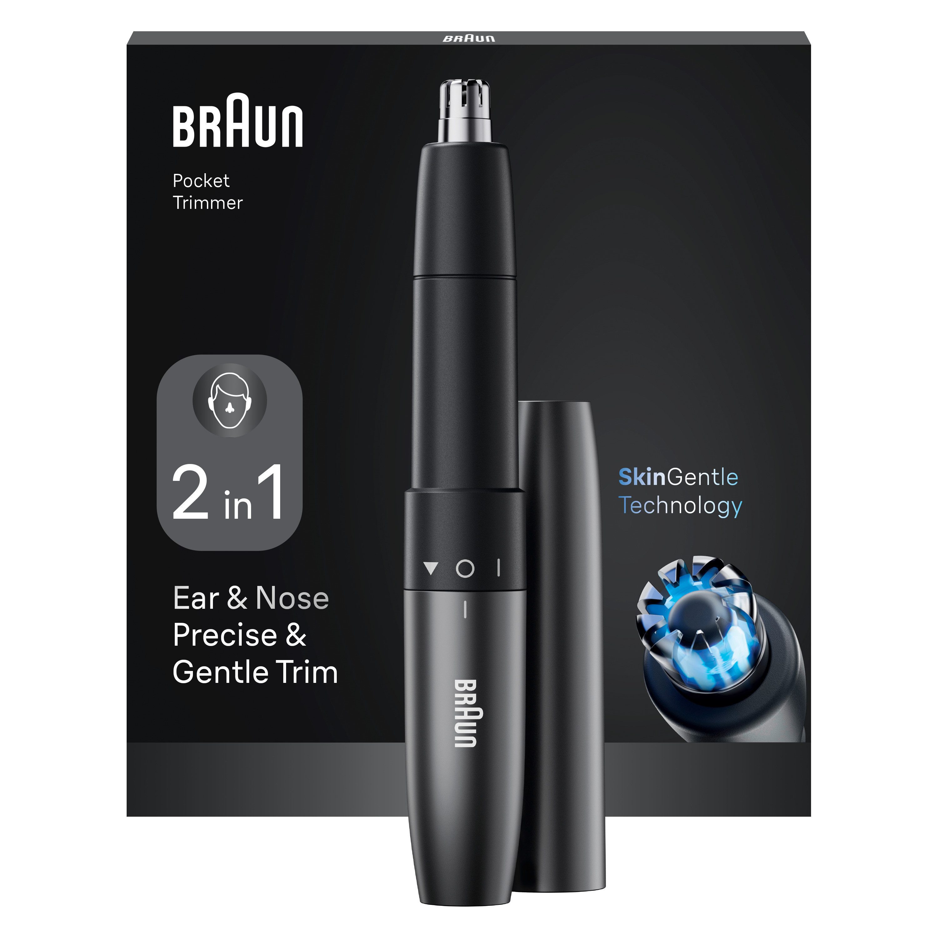 Braun Nasen- und Ohrhaartrimmer EN10, Doppelklingen, SkinGentle Technologie, AAA Batterie Enthalten, Grau