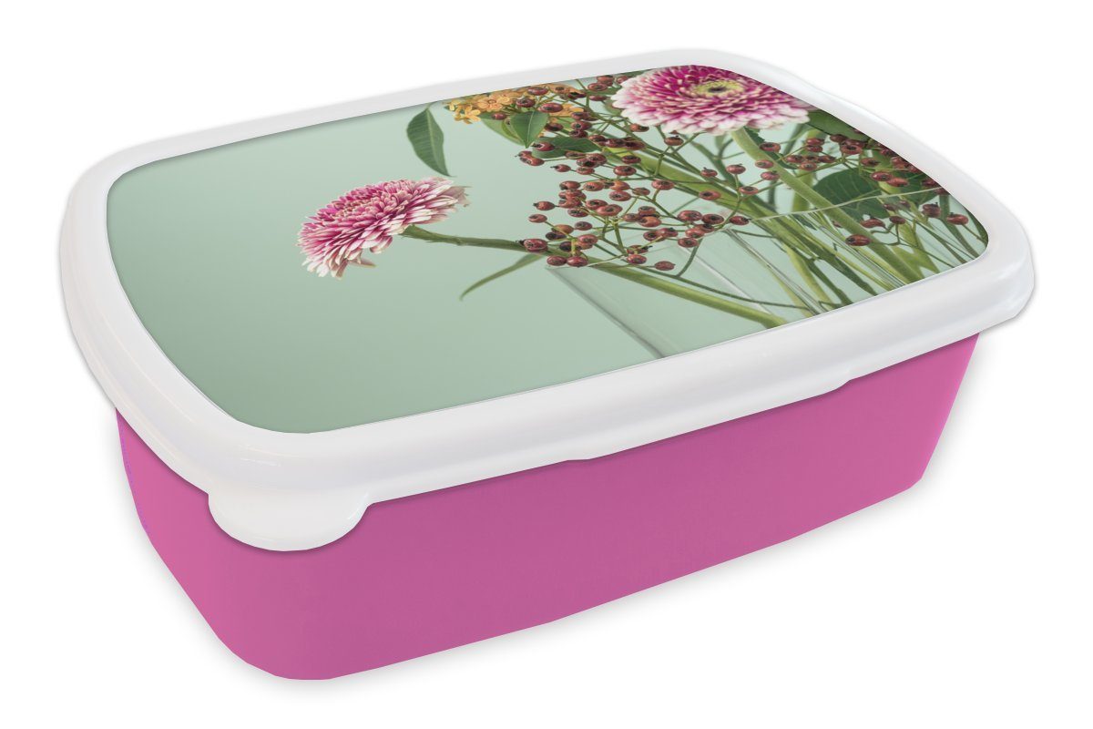 MuchoWow Lunchbox Vase - Blumen - Blumenstrauß, Kunststoff, (2-tlg), Brotbox für Erwachsene, Brotdose Kinder, Snackbox, Mädchen, Kunststoff rosa