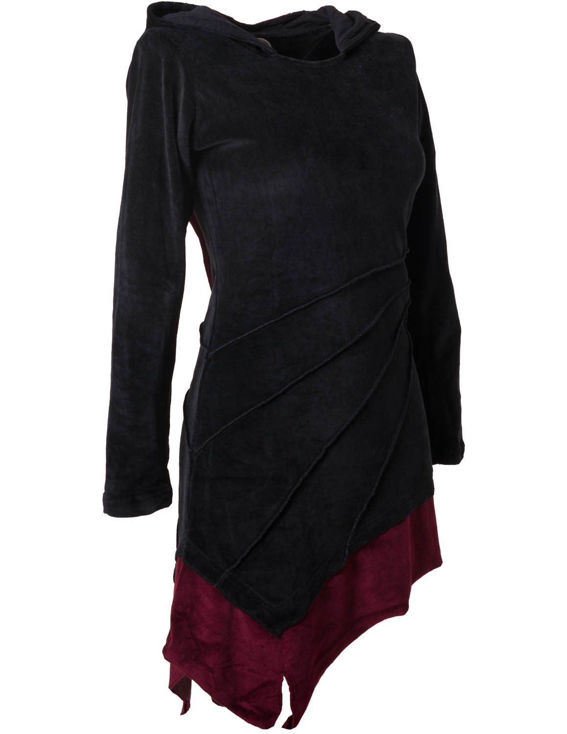 m. Vishes Ethno Zipfelkleid schwarz Gothik, Elfenkleid Hippie, Zipfelkapuze Style Asymmetrisches aus Samt