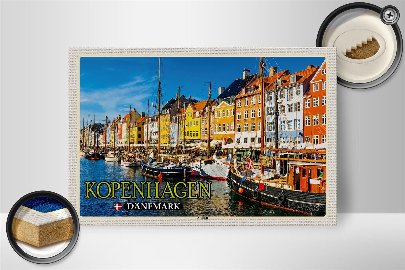 Femer GmbH Holzbild Reise 30x20cm Kopenhagen Dänemark Altstadt Boote, (1 St), Glatte Holzfaserplatte (MDF), vorn beschichtet