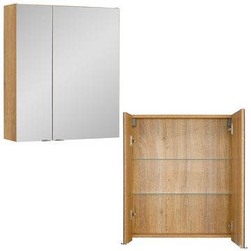 Lomadox Badmöbel-Set AMARILLO-147-OAK, (Spar-Set, 4-St., Doppelspiegelschrank Doppelwaschtisch Badkommode Hochschrank), in Eiche mit weiß, 140cm Waschtisch, Keramik-Waschbecken