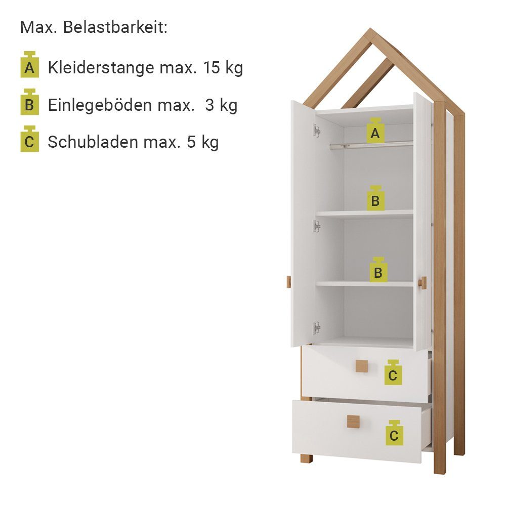 Lomadox teilmassiv, Birke, weiß Kleiderschrank Kiefer BARI-78 Türen, Kleiderstangen, Schubladen