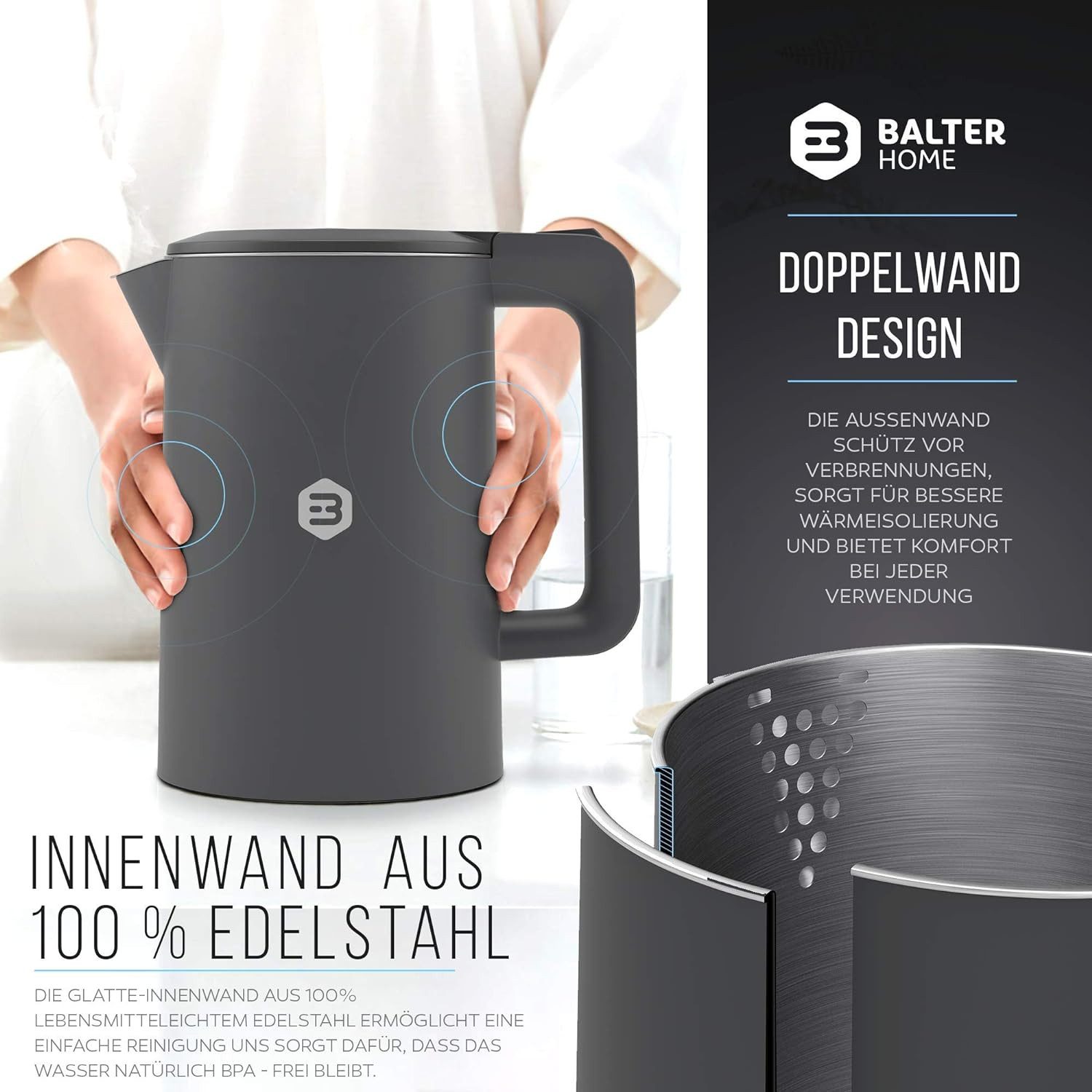 Balter Wasserkocher leistungsstarker Teekocher mit One-Touch Öffnung, 1.7 l, 2200,00 W, kabelloser Wasserkocher, BPA frei