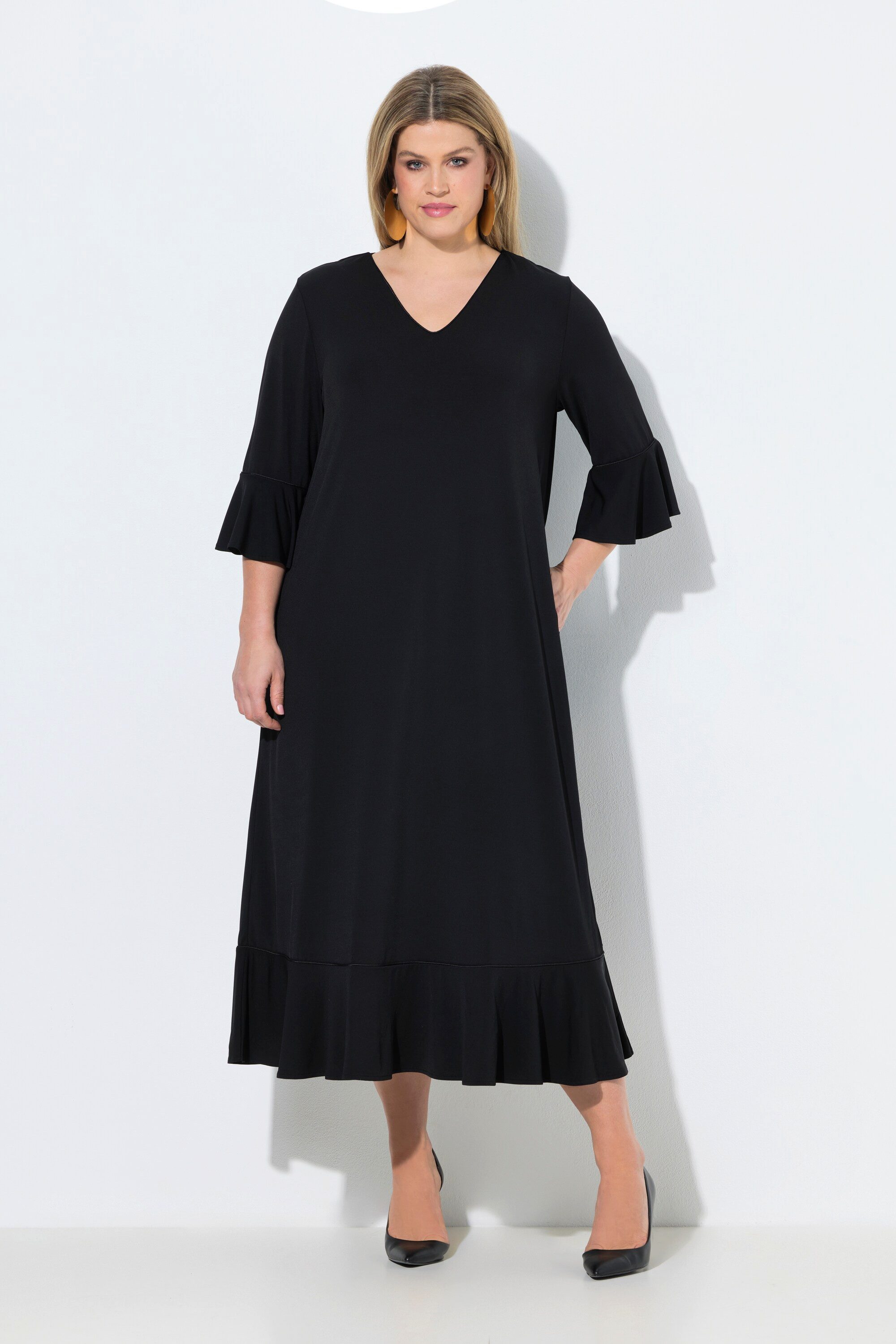 Ulla Popken Jerseykleid Maxikleid Volants A-Linie V-Ausschnitt 3/4-Arm