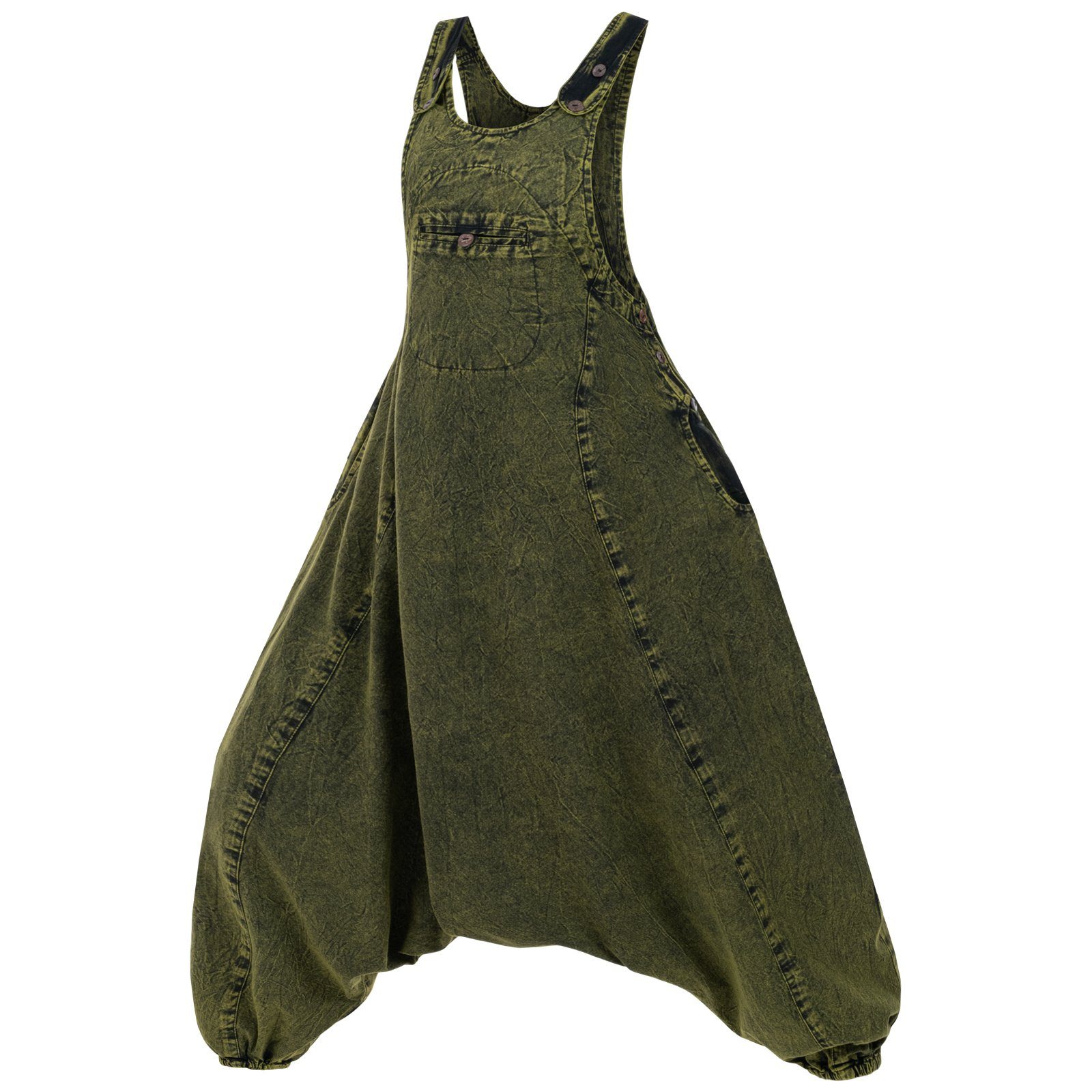 KUNST UND MAGIE Latzhose Hippie Latz/Haremshose Hose 70er Jumpsuit Overall Stonewashed Catsuit Army Green