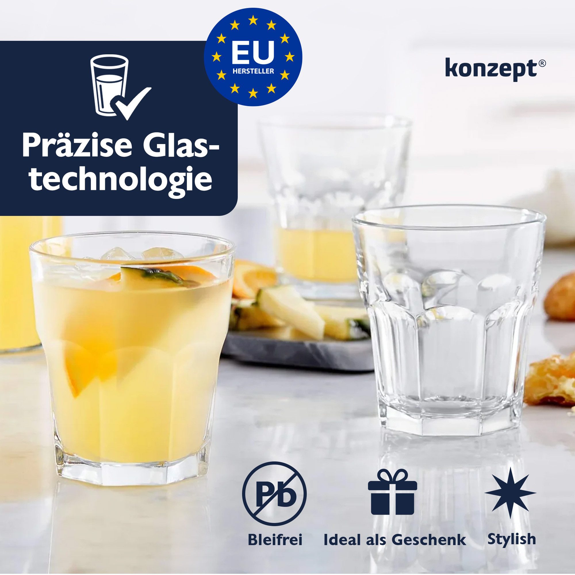 KONZEPT Glas Trinkgläser Set 240ml 6/12 Stk. Wassergläser Stapelbar, 6-tlg., perfekt für den Alltag, Ideal für Cocktails, Saft, Rotwein, Milch