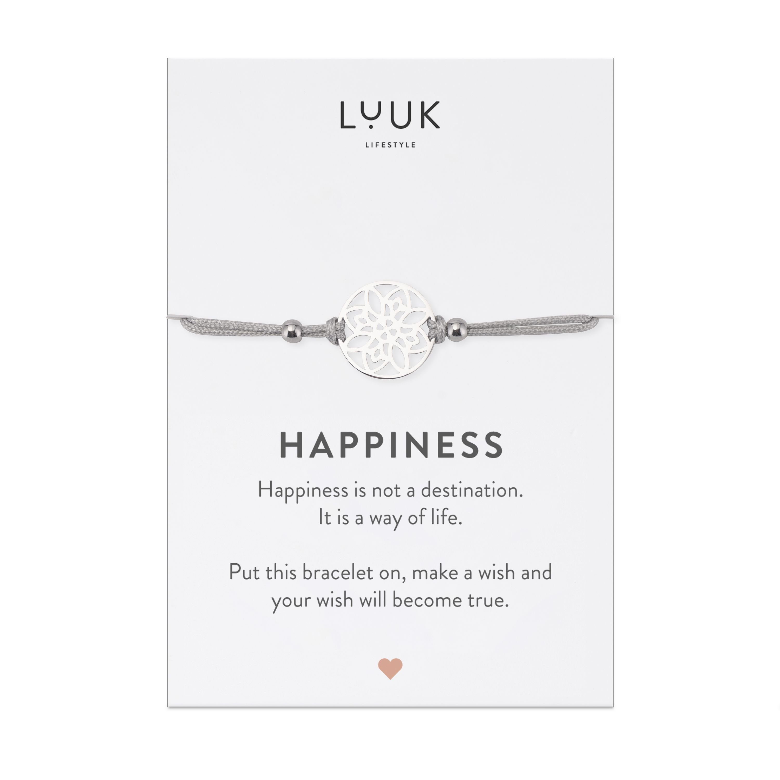 LUUK LIFESTYLE Freundschaftsarmband Blume, handmade, Spruchkarte Silber mit Happiness