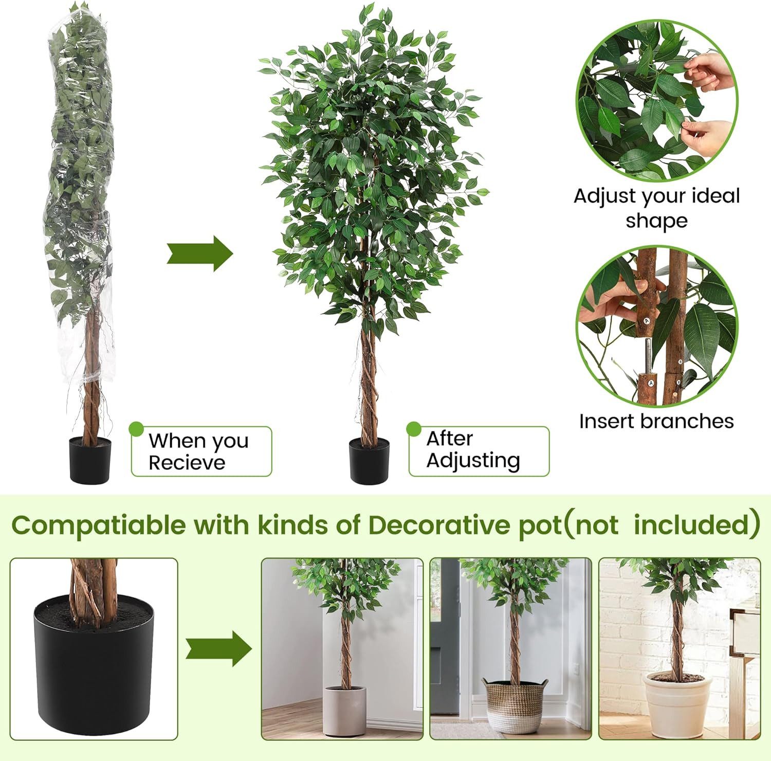Kunstbaum Kunstpflanze Ficus,Mit NatüRlichem Holzstamm& Naturgetreue BläTte günstig online kaufen