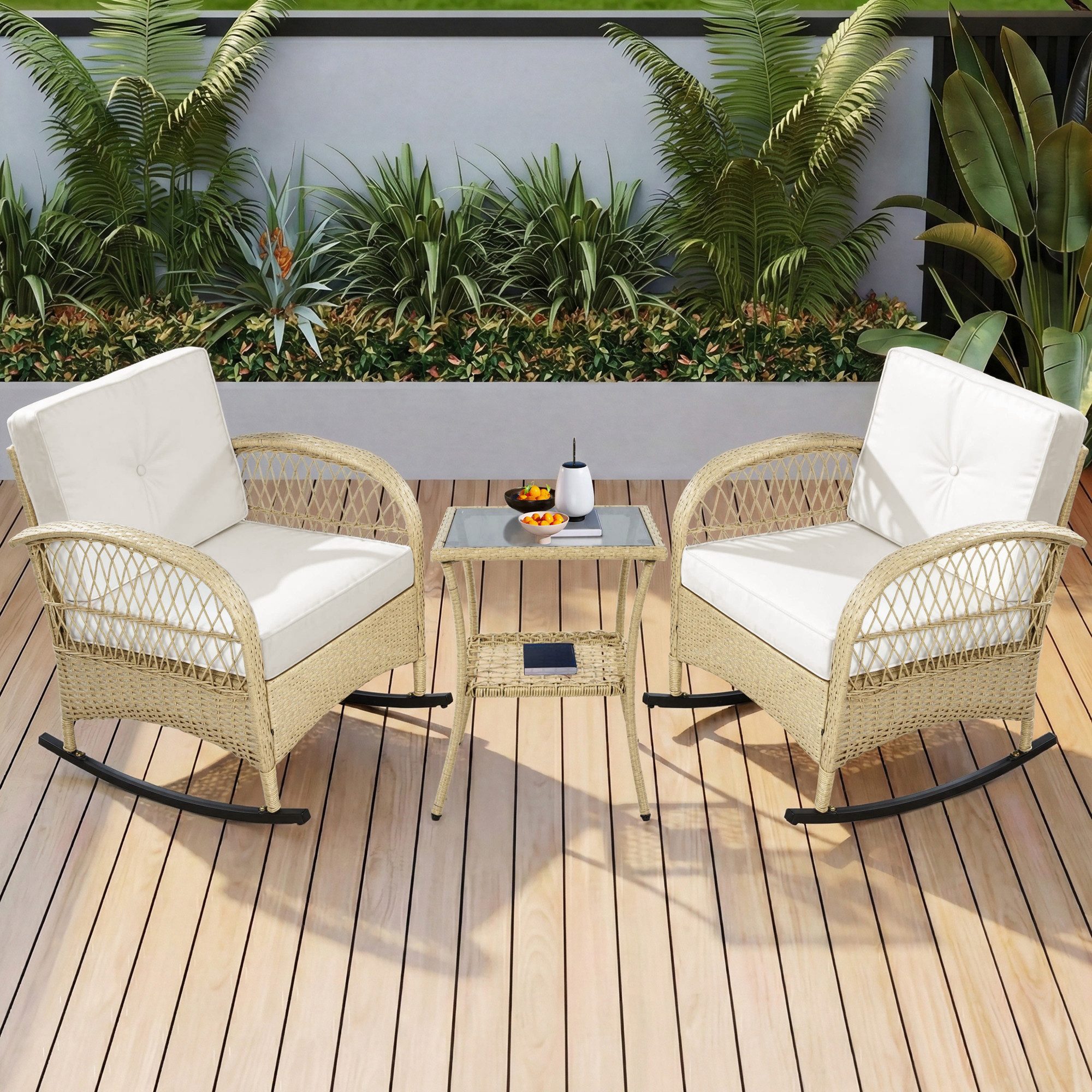 BlingBin Gartenlounge-Set 3er Set Garten-Loungestuhl-Set, Gartenmöbel-Set, Rattan Balkonset, (2 Sessel und 1 Couchtisch, 3-tlg., Produktladung: 160kg, Füllung: Seidenbaumwolle, Schwamm), Akazienplatte mit Grauen Kissen, Verzinktes Eisen, Beige