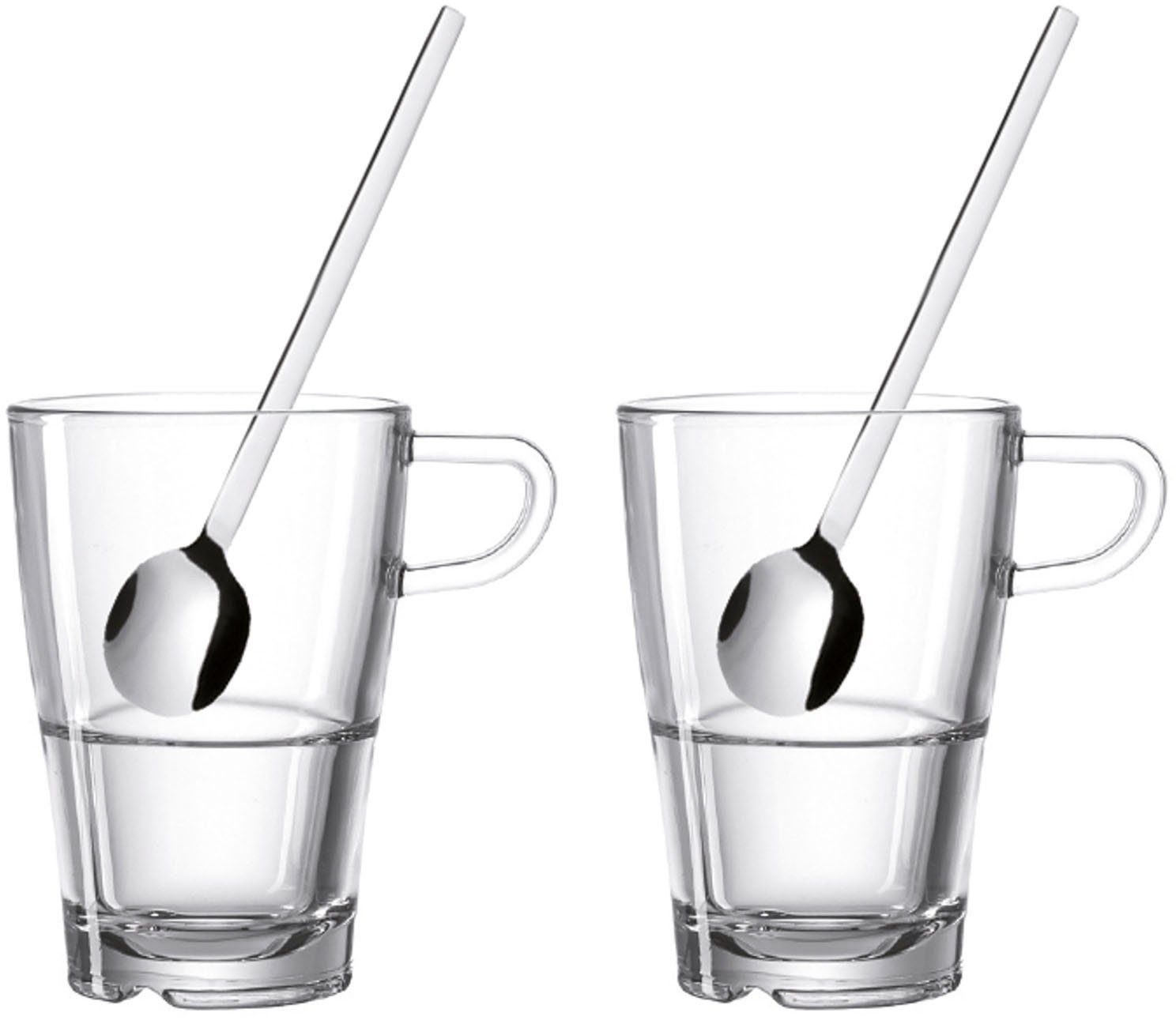 LEONARDO Latte-Macchiato-Glas SENSO, 4-tlg., Edelstahl, Glas, Set bestehend aus 2 Tassen und 2 Löffel