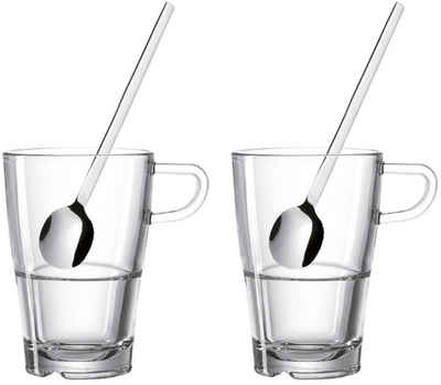 LEONARDO Latte-Macchiato-Glas SENSO, Edelstahl, Glas, (4-teilig) inkl. 2 Löffel