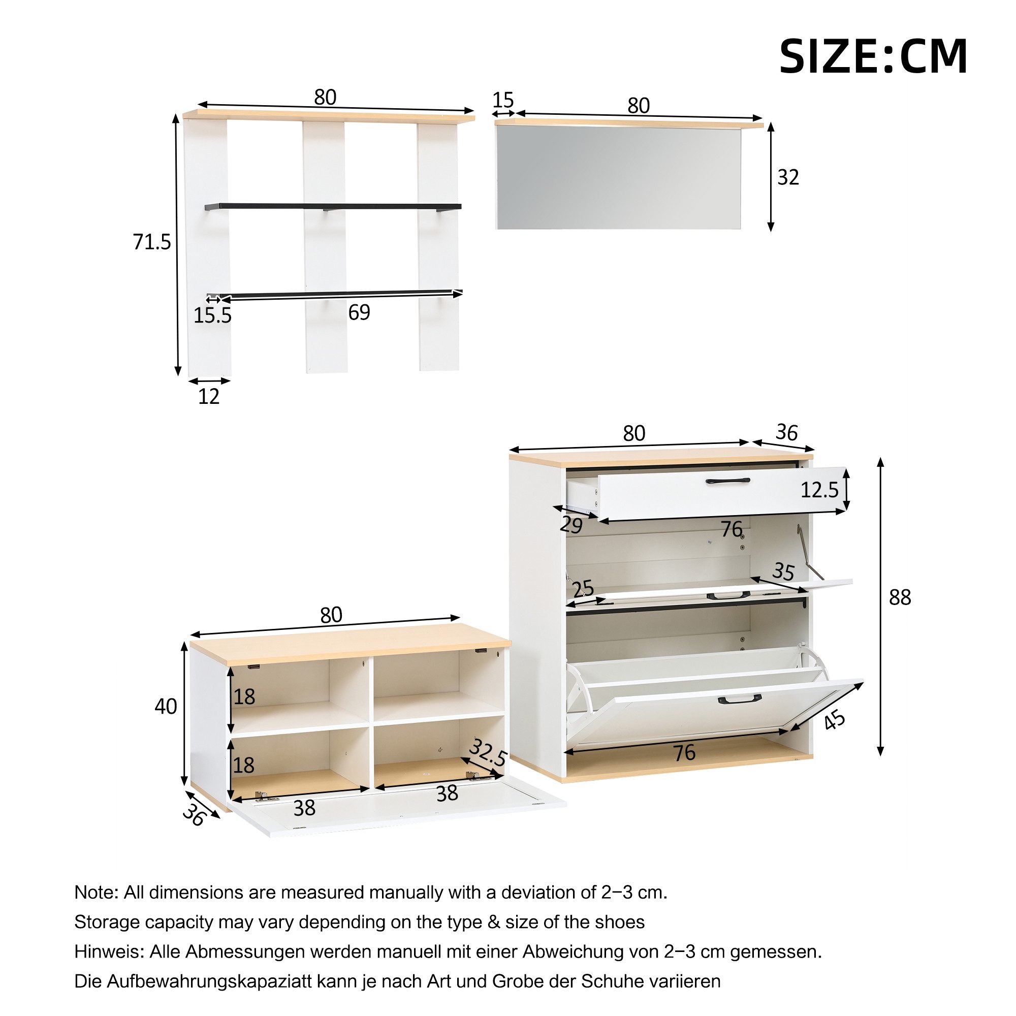 KLAM HOME Garderoben-Set Modulares Garderoben-Set Weiß-Holz mit Spiegel und Schuhbank, (Flurgarderobe 156cm frei kombinierbar mit verstellbarem Schuhschrank), Multifunktionaler Eingangsschrank aus MDF mit viel Stauraum