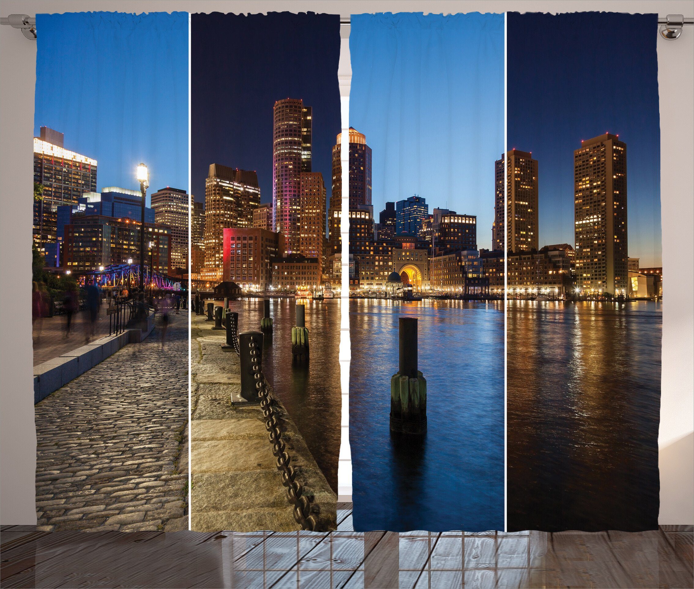 Gardine Schlafzimmer Kräuselband Vorhang mit Schlaufen und Haken, Abakuhaus, amerikanisch Boston Skyline der Stadt