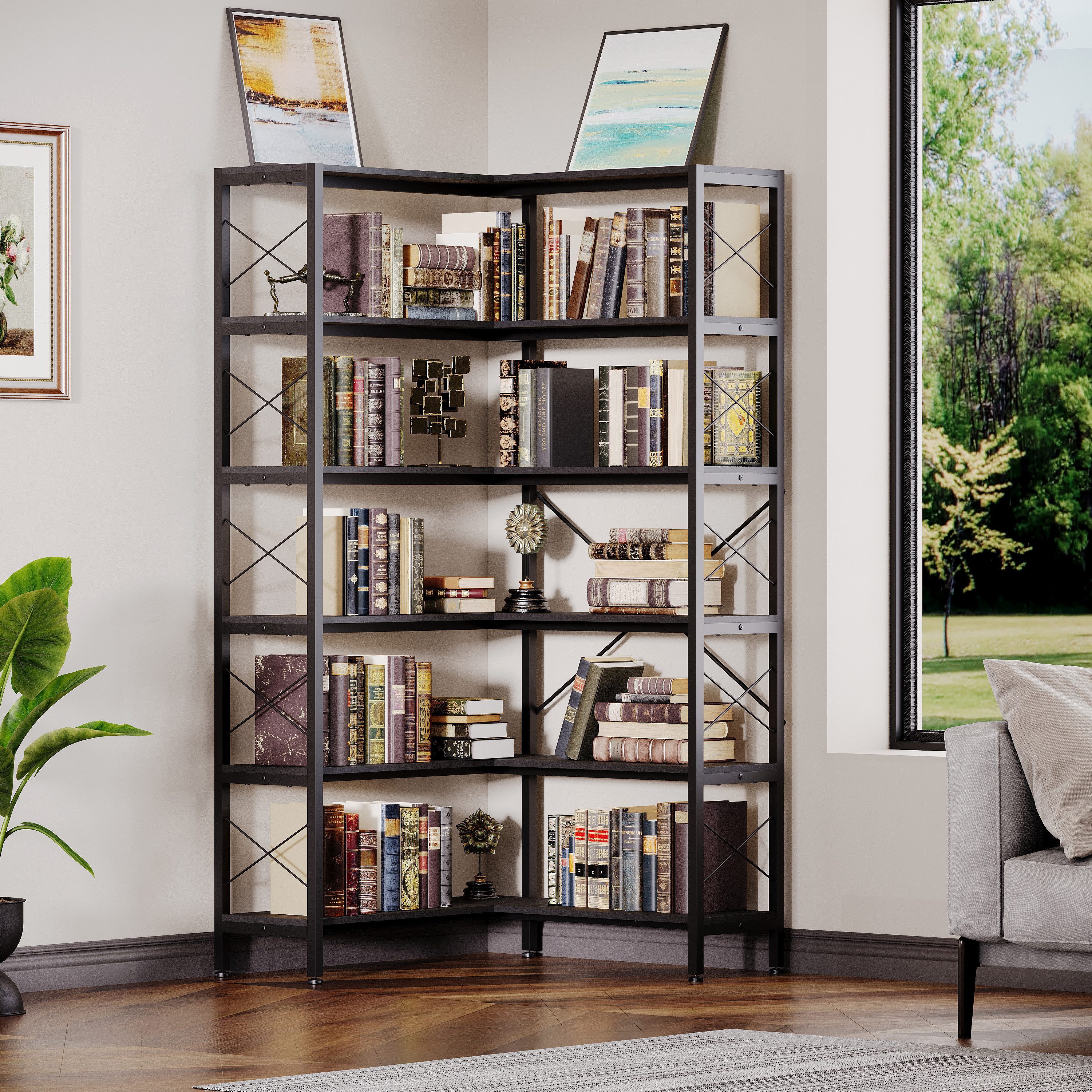 Wildhome Bücherregal Eck-Bücherregal 6 Etagen, Industrie Design Eckregal, 180cm hoch, 1-tlg., Metall Holz Etagere mit offener Lagerung, Standregal