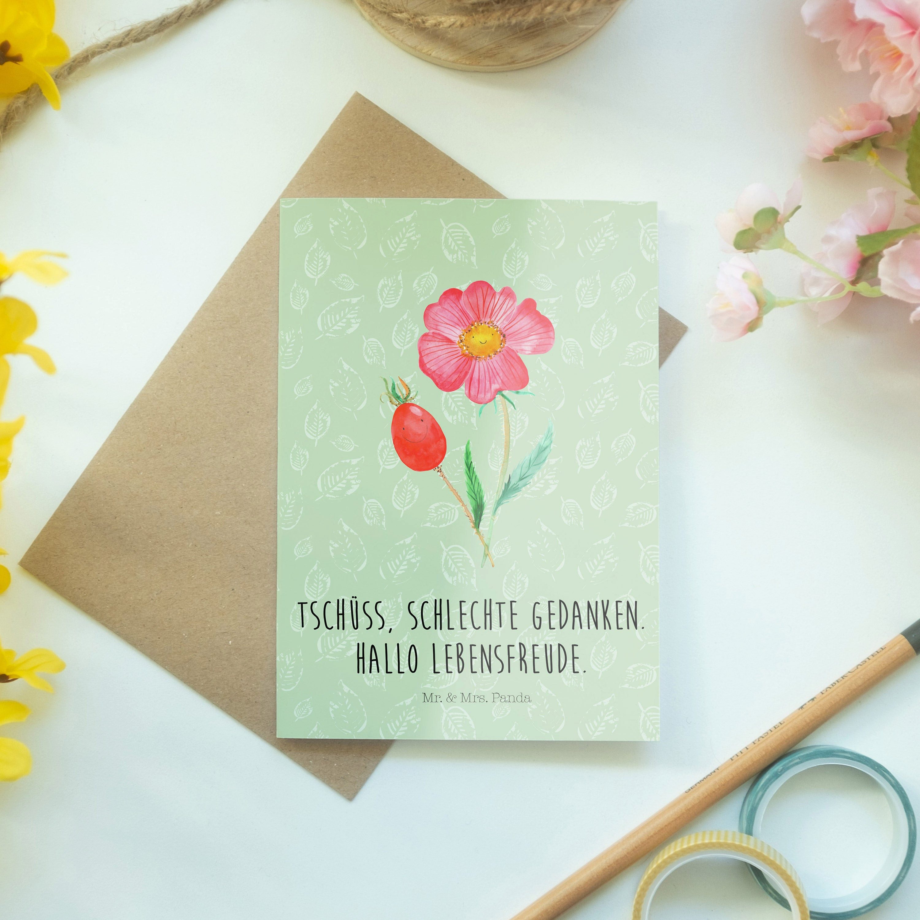 Thumbnail - Mr. & Mrs. Panda Grußkarte Blume Hagebutte - Blattgrün - Geschenk, Hochzeitskarte, Ansichtskarte, Herzberührende Sprüche