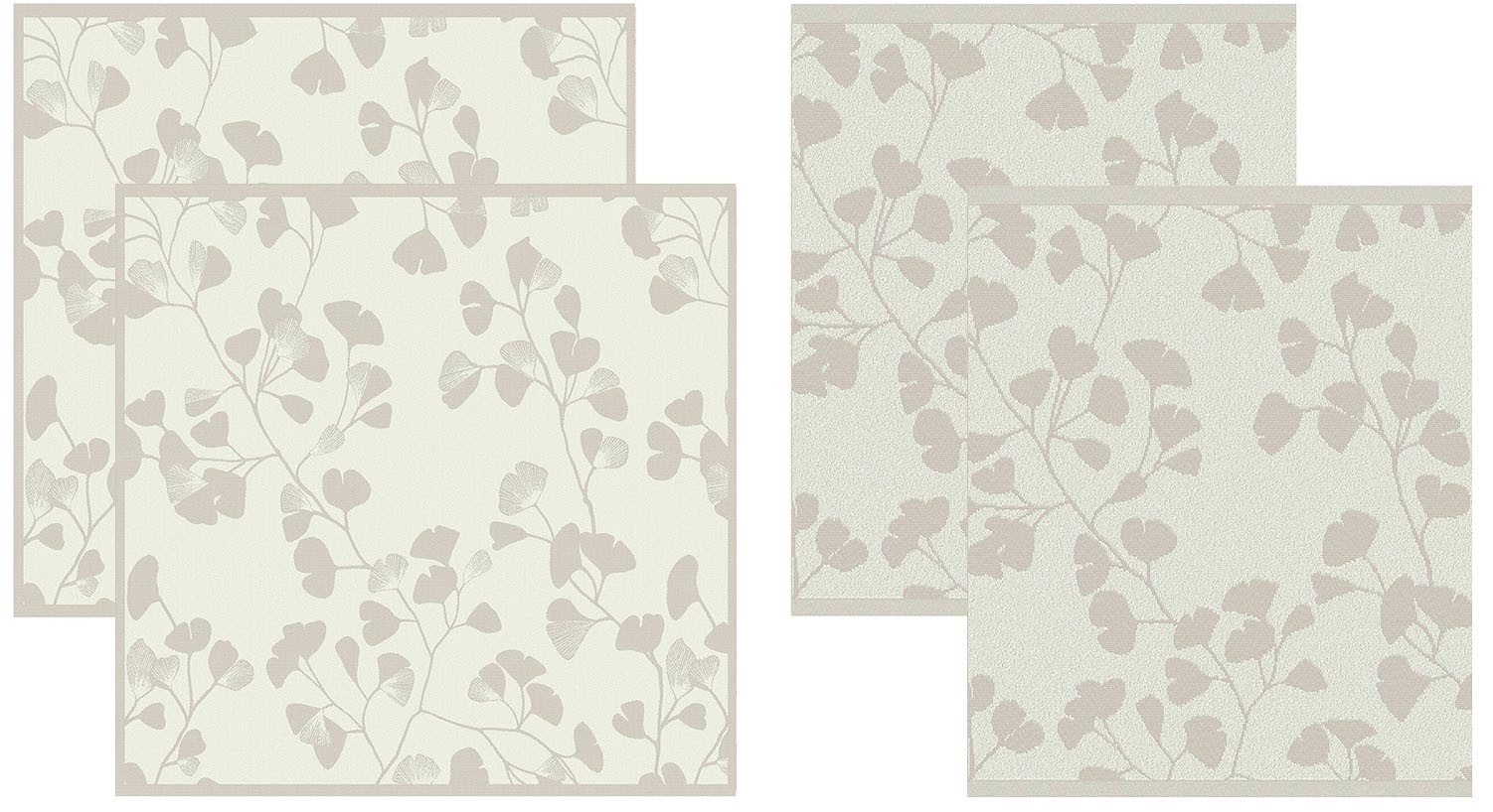 DDDDD Geschirrtuch DDDDDD Kombi-Set aus 2 Geschirrtüchern & 2 Küchentüchern, Kenchi Creme, (Set, 4-tlg), schnell trocknend, 100% Baumwolle, mit Gingkoblättern