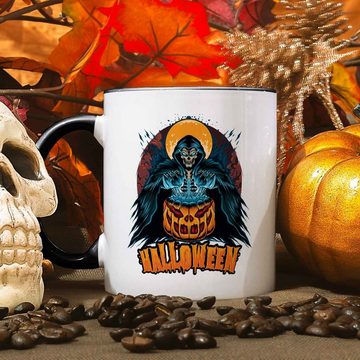GRAVURZEILE Tasse mit Motiv im Halloween Reaper Design, Keramik, Farbe: Schwarz & Weiß