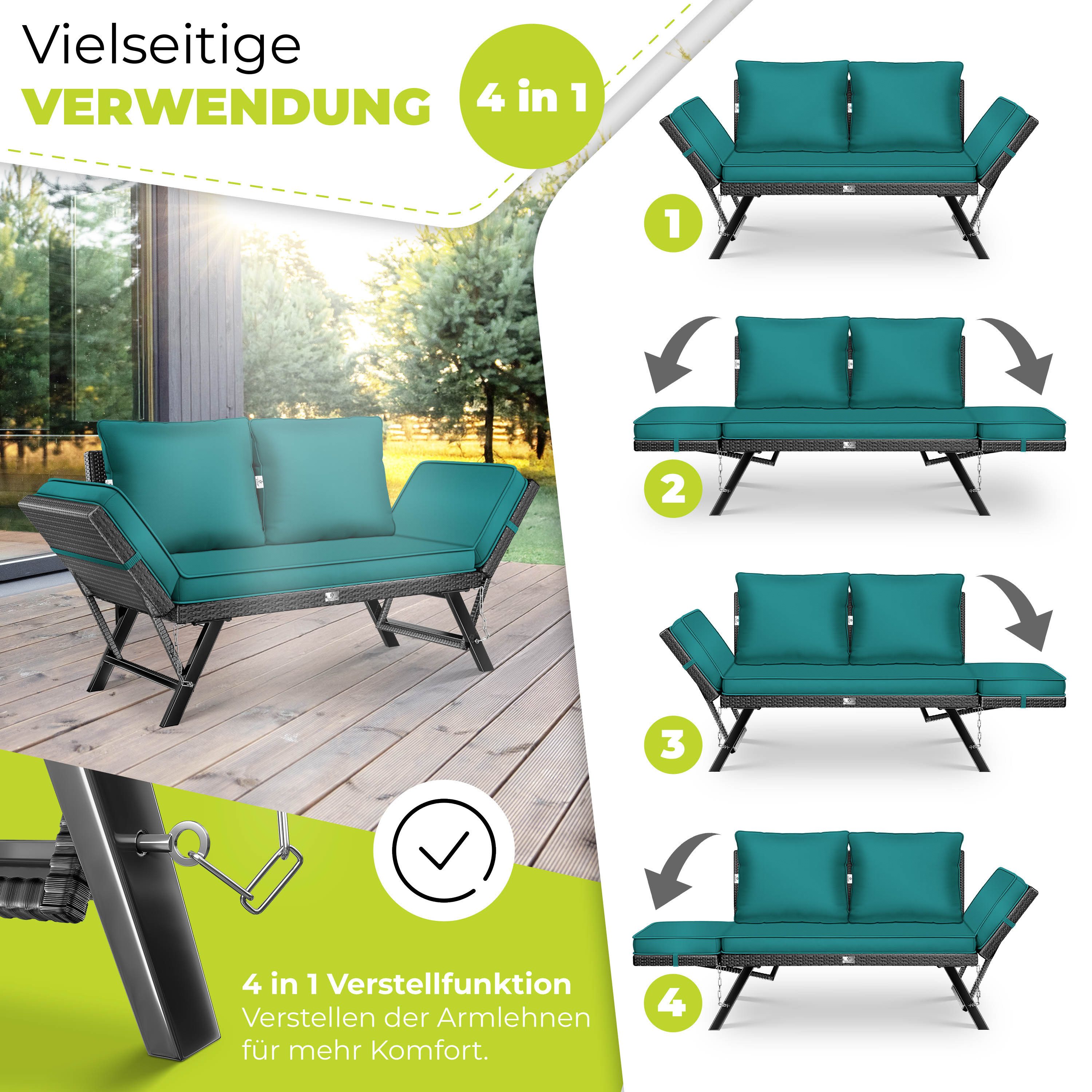 KESSER Gartenbank Polyrattan Gartensofa 4-in-1 mit Liegefunktion & Verstell-Funktion (Gartencouch mit Sitzkissen & Rückenkissen Extra Dicke & Weiche Polster), Balkon-Sofa Wetterfest für Garten, Balkon & Terrasse