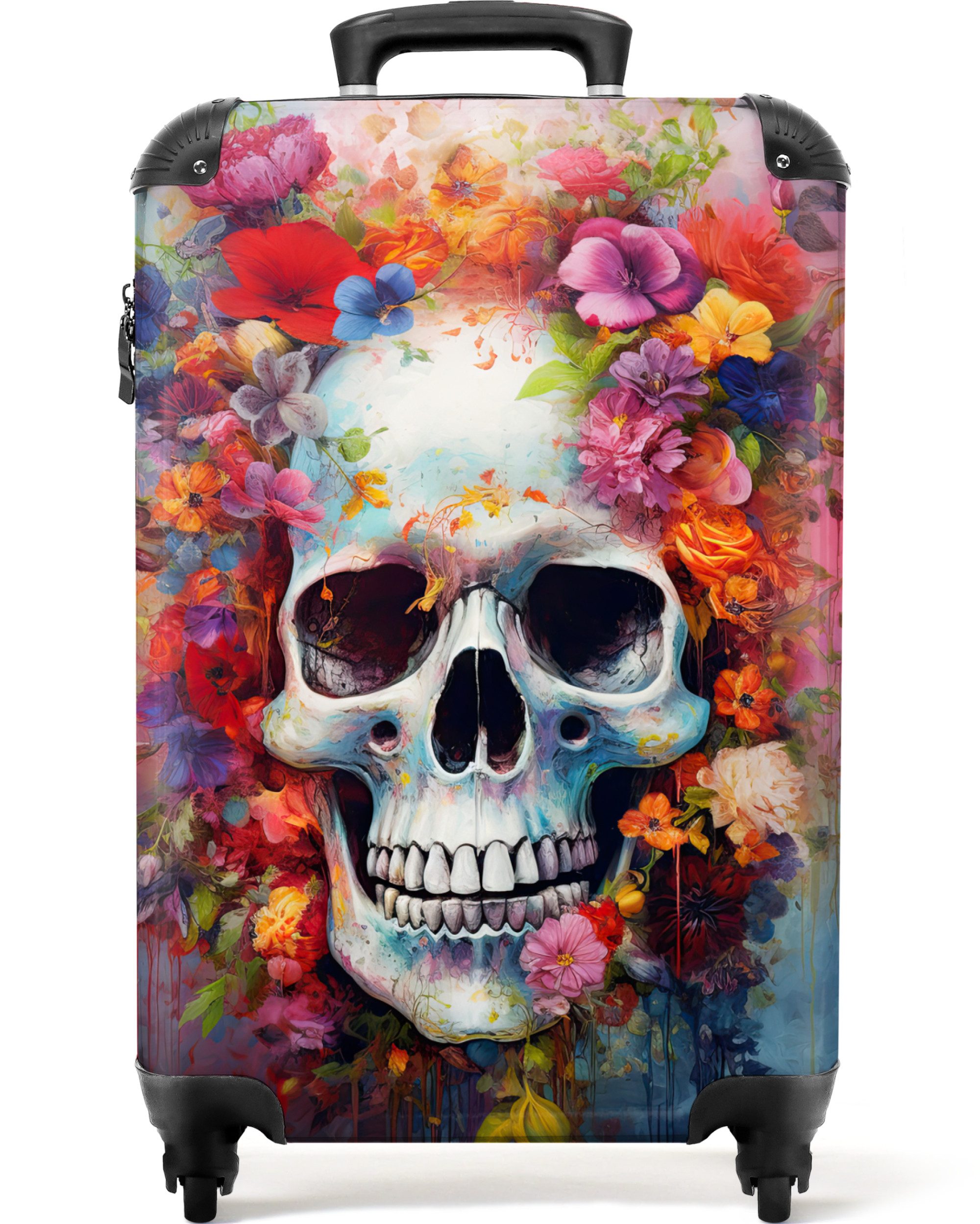 NoBoringSuitcases.com© Hartschalen-Trolley Totenkopf - Blumen - Aquarell - Botanisch - Totenkopf 55x35x20cm, 4 Rollen, Reisetasche mit Rollen, Koffer Handgepäck Flugzeug