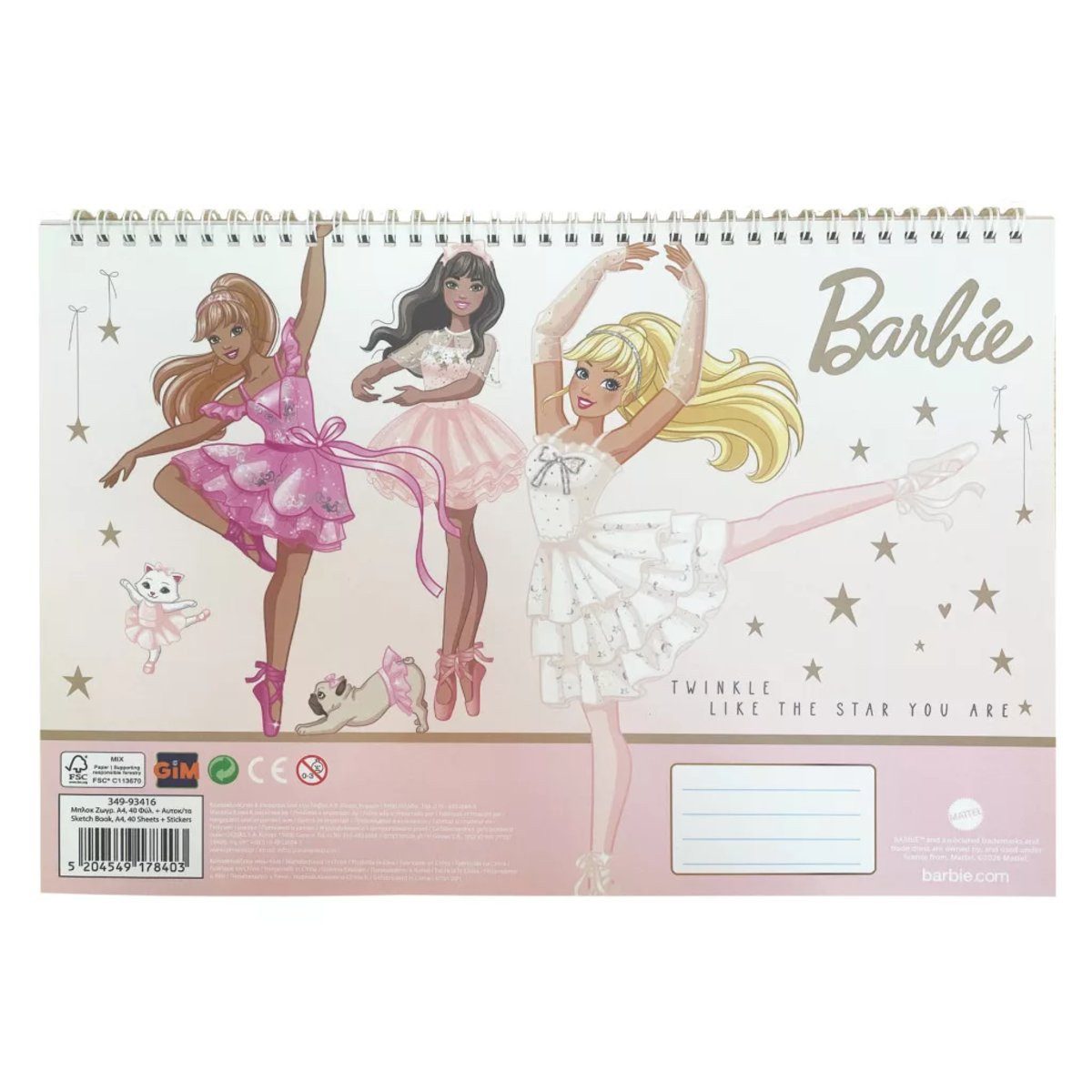 Barbie Kreativset Barbie Ballerina A/4 Spiral-Skizzenheft mit 40 Blatt und Aufklebern