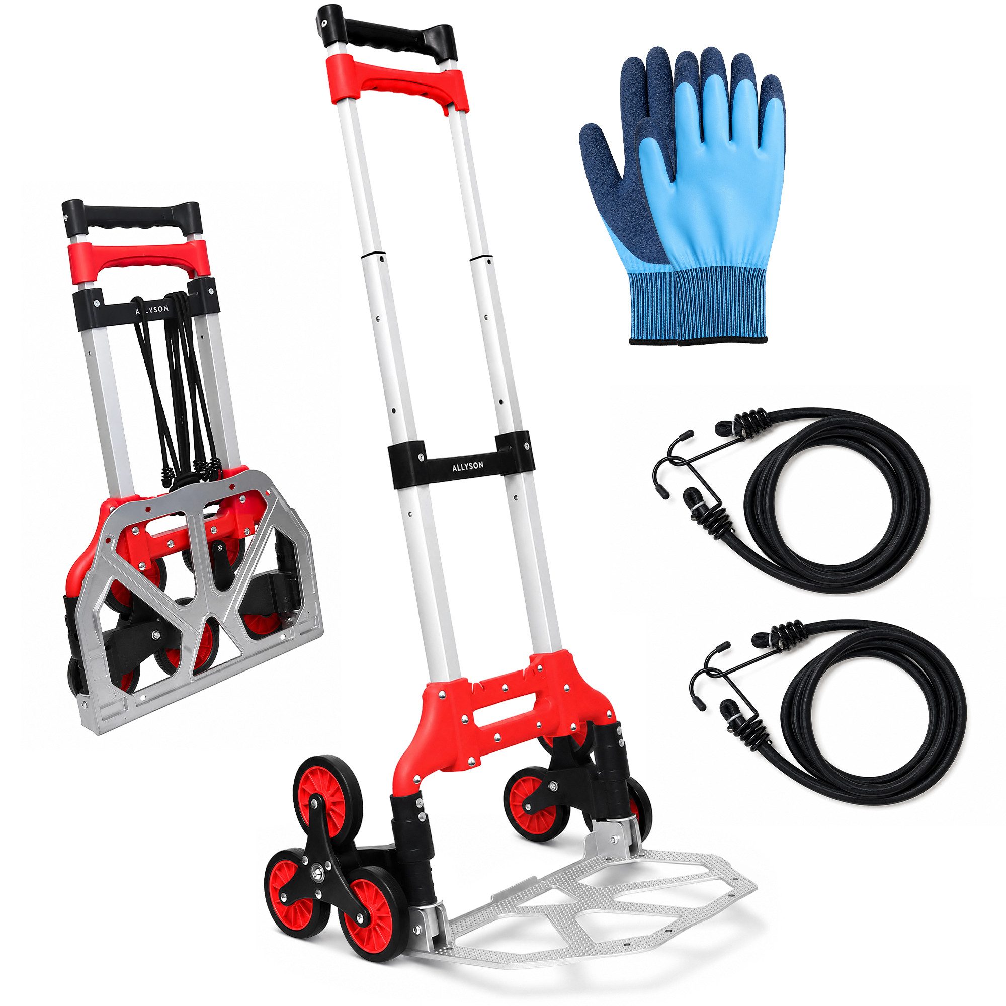 Allyson Treppensackkarre Sackkarre Treppensteiger, Transportwagen Sackkarre klappbar, (2x Elastische Spanngurte, 1 Paar Arbeitshandschuhe), Treppenkarre: 80kg Tragkraft, faltbar, inkl. Spanngurten & Handschuhen