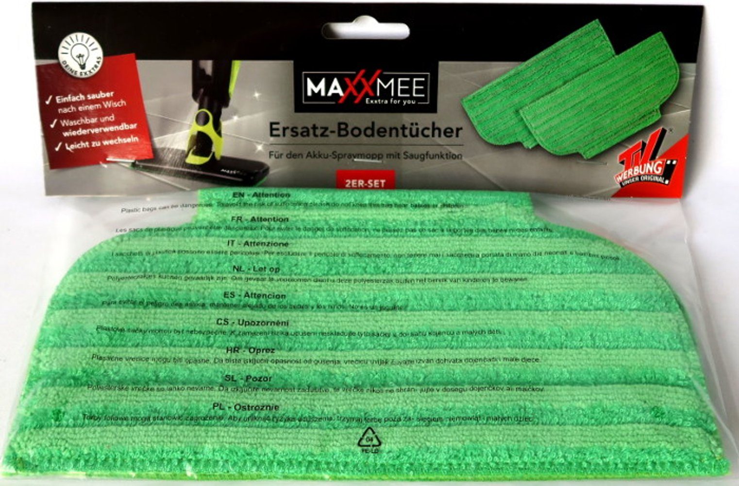 MAXXMEE Wischmopp MAXXMEE Bodentuch für Akku-Spraymopp mit Saugfunktion, 2er Set Ersatz-Bodentücher Wischtuch in grün