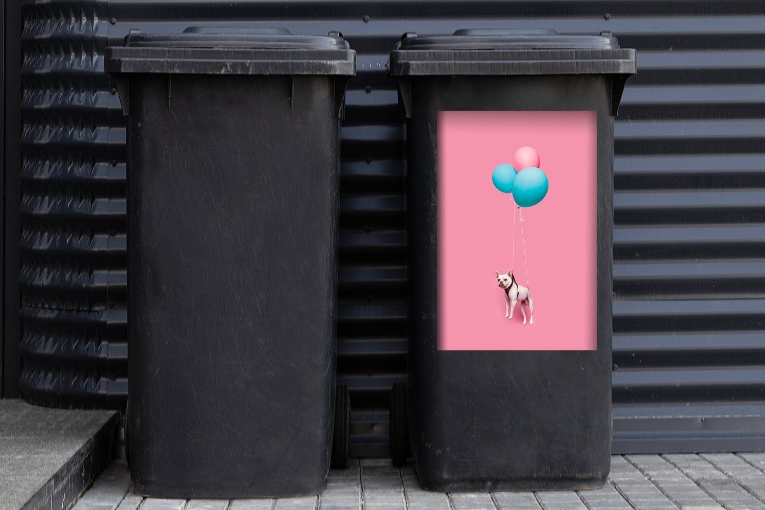MuchoWow Wandsticker Französische Bulldogge auf Container, Luftballons Mülltonne, drei (1 Abfalbehälter St), Mülleimer-aufkleber, Sticker