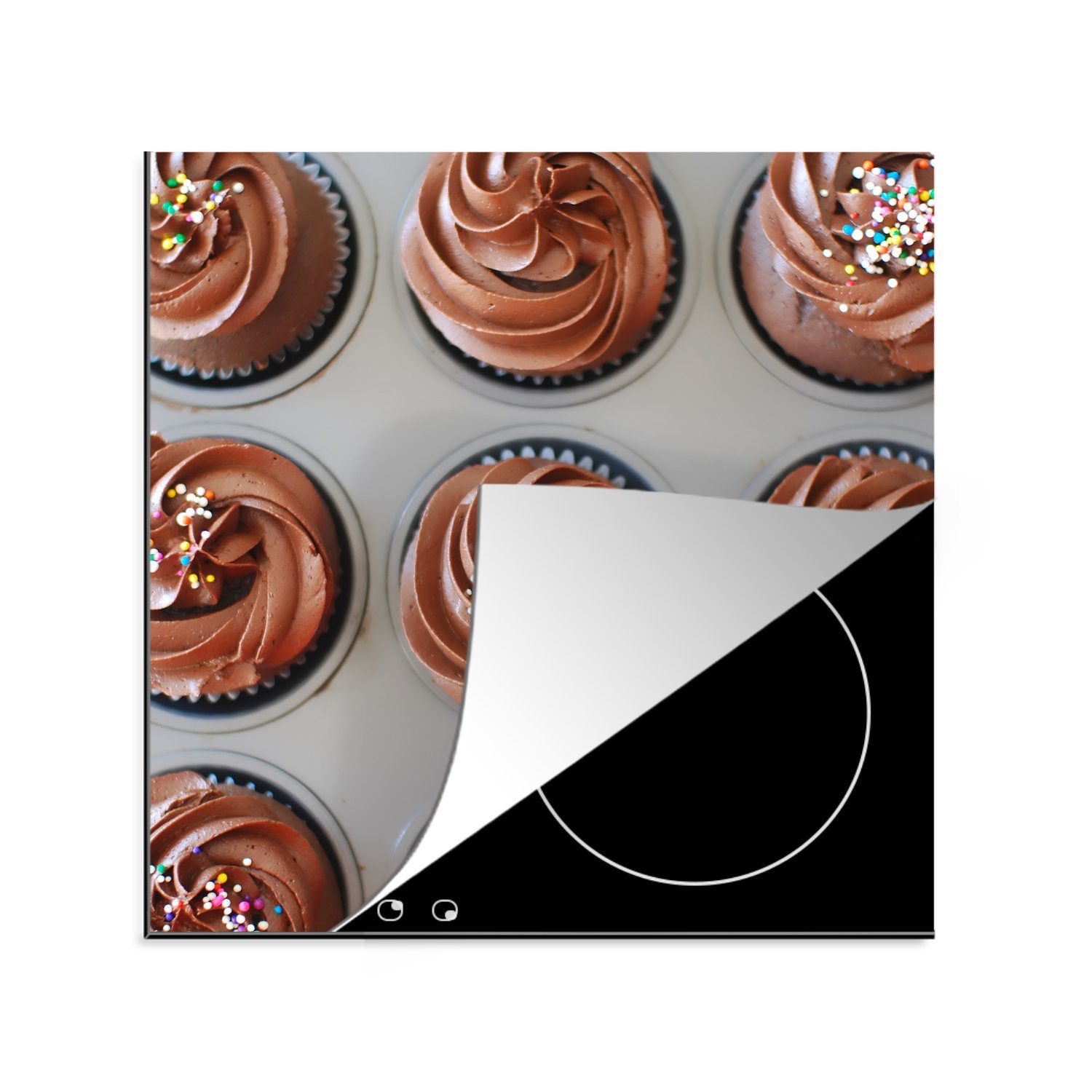 MuchoWow Herdblende-/Abdeckplatte 78x78 Backblech (1 mit für cm, Ein tlg), Schokoladen-Cupcakes, Ceranfeldabdeckung, Vinyl, Arbeitsplatte küche