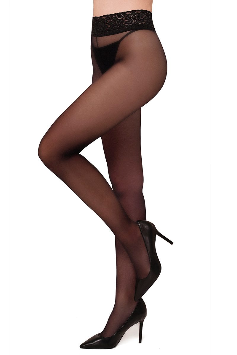Lycille Feinstrumpfhose durchsichtige Strumpfhose für Damen mit Spitze im Bund 30 Den SCHWARZ 30 DEN (1 Stück) Mit schöner Spitze an der Taille mit einem Silikonstreifen