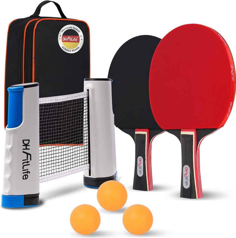 DH FitLife Tischtennisschläger Set für 2 Spieler, mit ausziehbarem mobilen Tischtennisnetz (3 Tischtennisbälle, 2 Schläger, inkl. Aufbewahrungstasche, für jeden Tisch), Tischtennis Set mit Netz