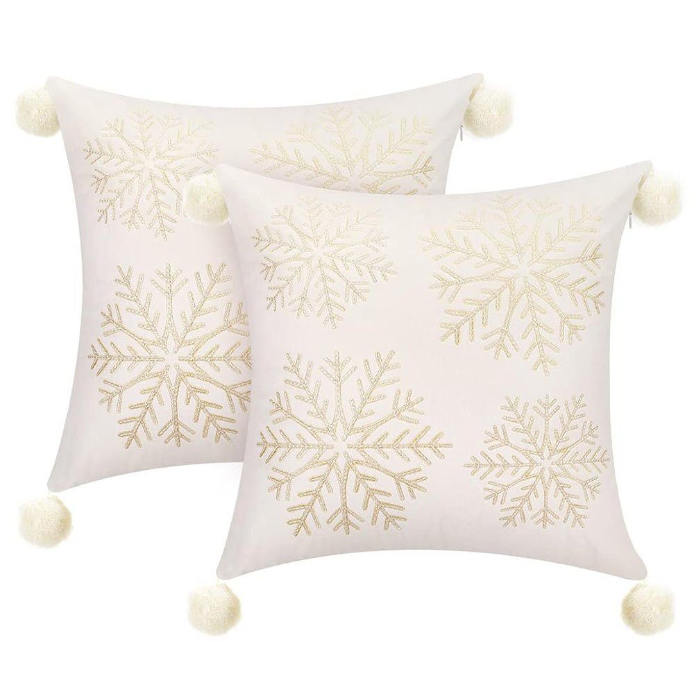 Kissenbezüge Kissenbezug Weihnachten mit Schneeflocke Stickerei Pompons 45*45 2er, FELIXLEO