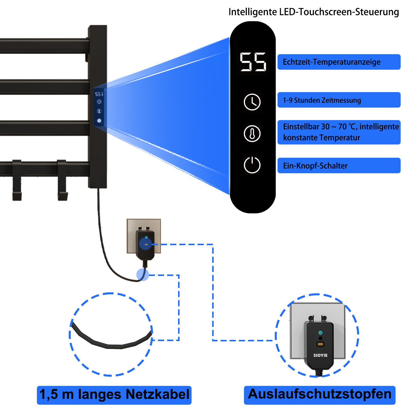 Oihpaw Elektrischer Badheizkörper Klein, Elektrischer Handtuchheizkörper 30-70℃ einstellbare Temperatur, 55x35cm Badheizkörper, 80W Handtuchhalter Heizung