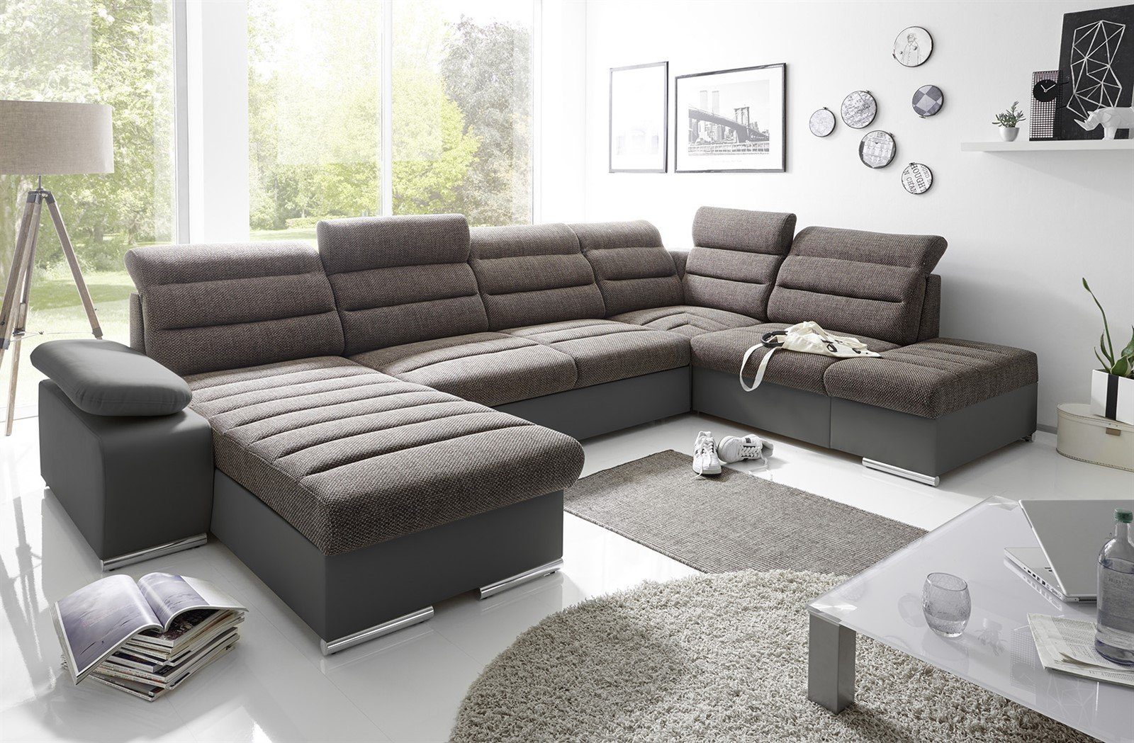 Schlaffunktion Re Stoff / Ecksofa PESCARA Möbel Bettkasten Fun Li, mit mit Couchgarnitur Schwarz mane U-Form,