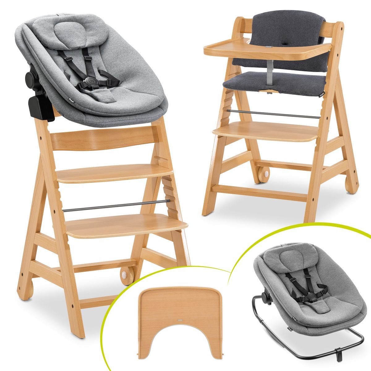 Hauck Hochstuhl Alpha Move Natur - Dark Grey Melange, Holz Babystuhl ab Geburt mit Neugeborenensufsatz, Sitzkissen, Essbrett