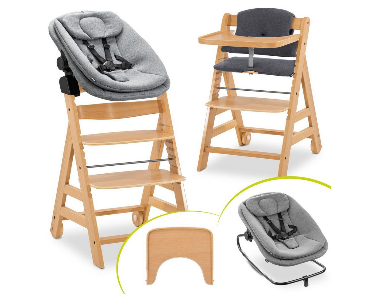 Hauck Hochstuhl Alpha Move Natur - Dark Grey Melange, Holz Babystuhl ab Geburt mit Neugeborenensufsatz, Sitzkissen, Essbrett