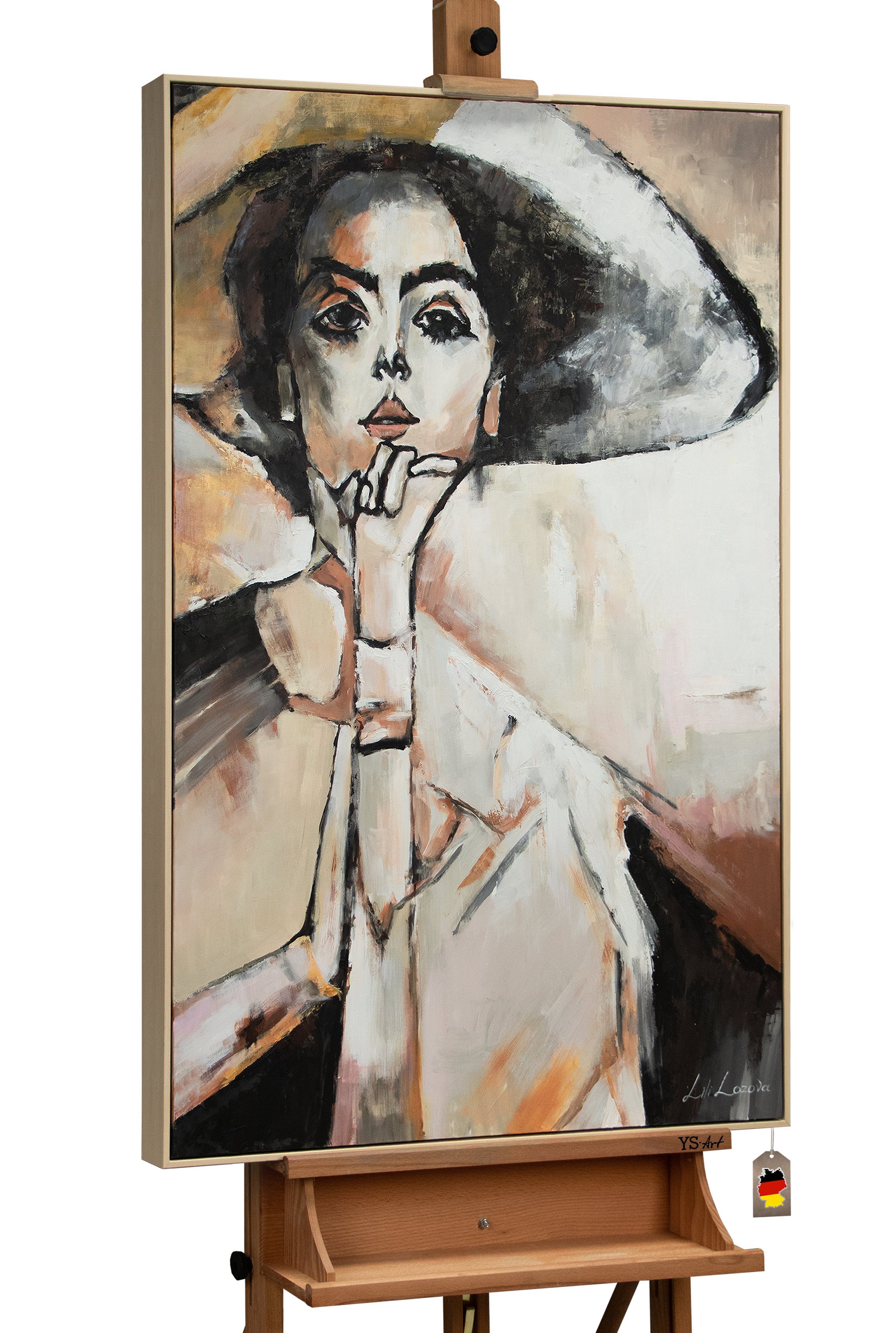 YS-Art Gemälde Elisabeth, Leinwandbild Abstrakte Frau mit Hut mit Rahmen