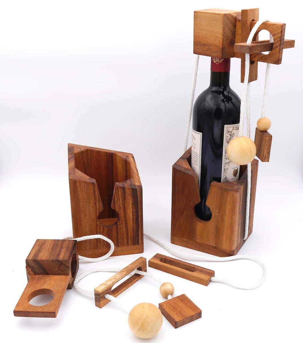 ROMBOL Denkspiele Spiel, Geschenkverpackung Flaschentresor – Edles Denkspiel aus Holz für große Flaschen, wiederverwendbar