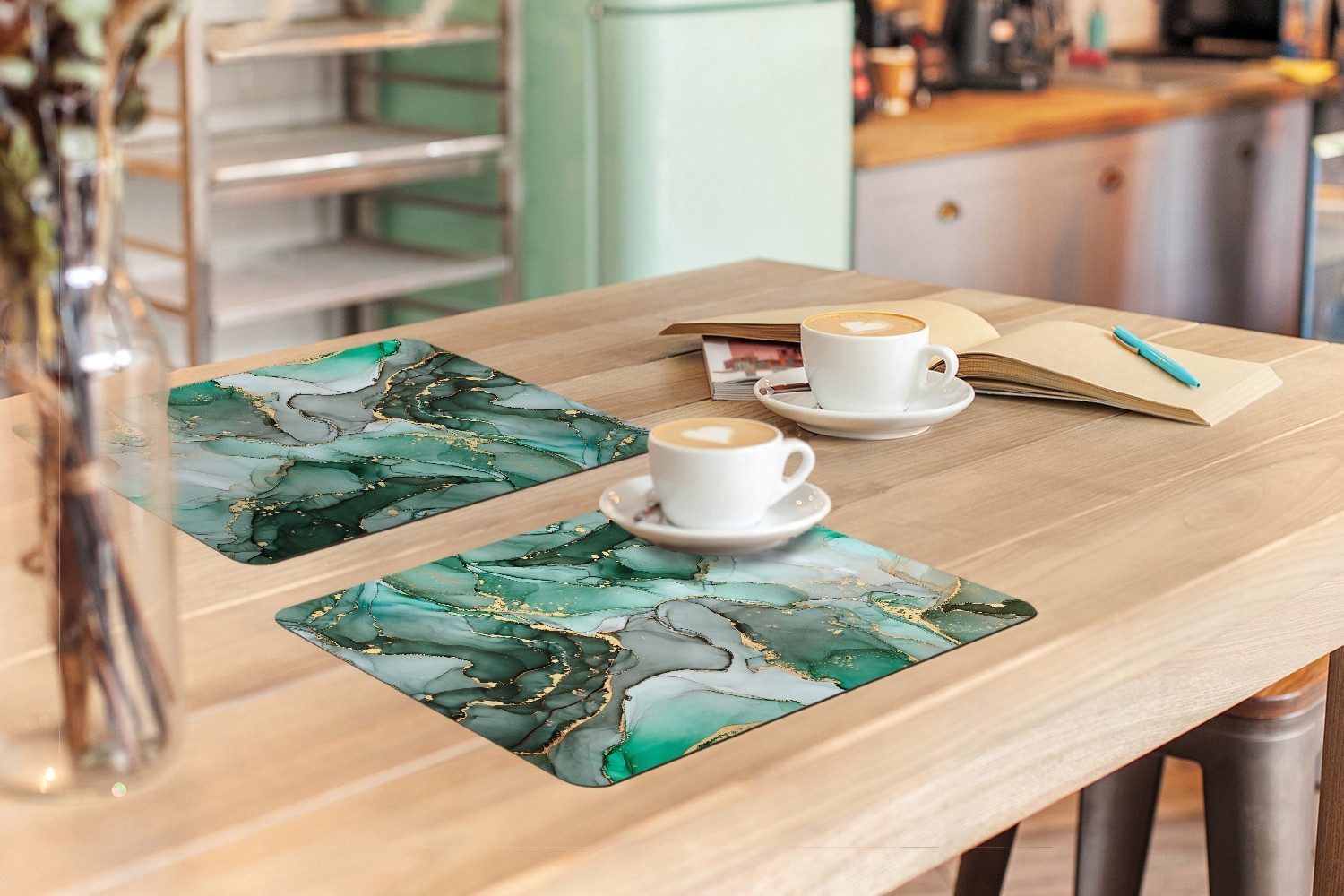 MuchoWow Platzset Gold - Marmor - Grün - Luxus - Marmoroptik/print - Grau, (6-St), Platzsets, Tischset, Abwaschbar, Tischsets, Platzdeckchen