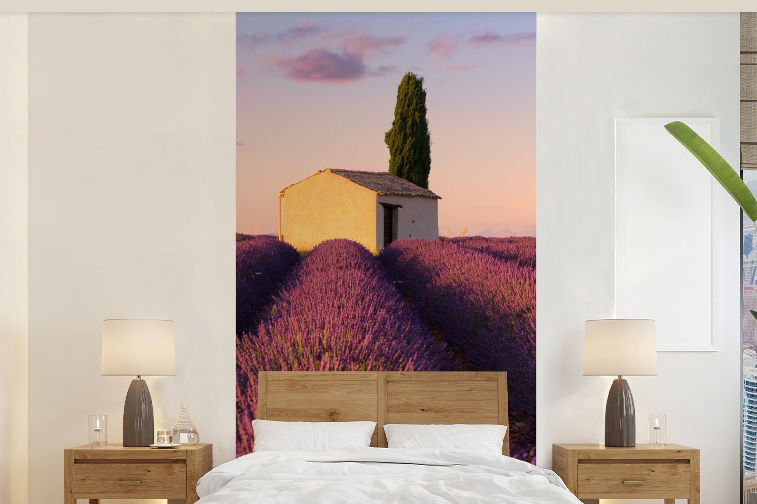 MuchoWow Fototapete Reihen von lila Lavendel, Matt, bedruckt, (2 St), Vliestapete für Wohnzimmer Schlafzimmer Küche, Fototapete