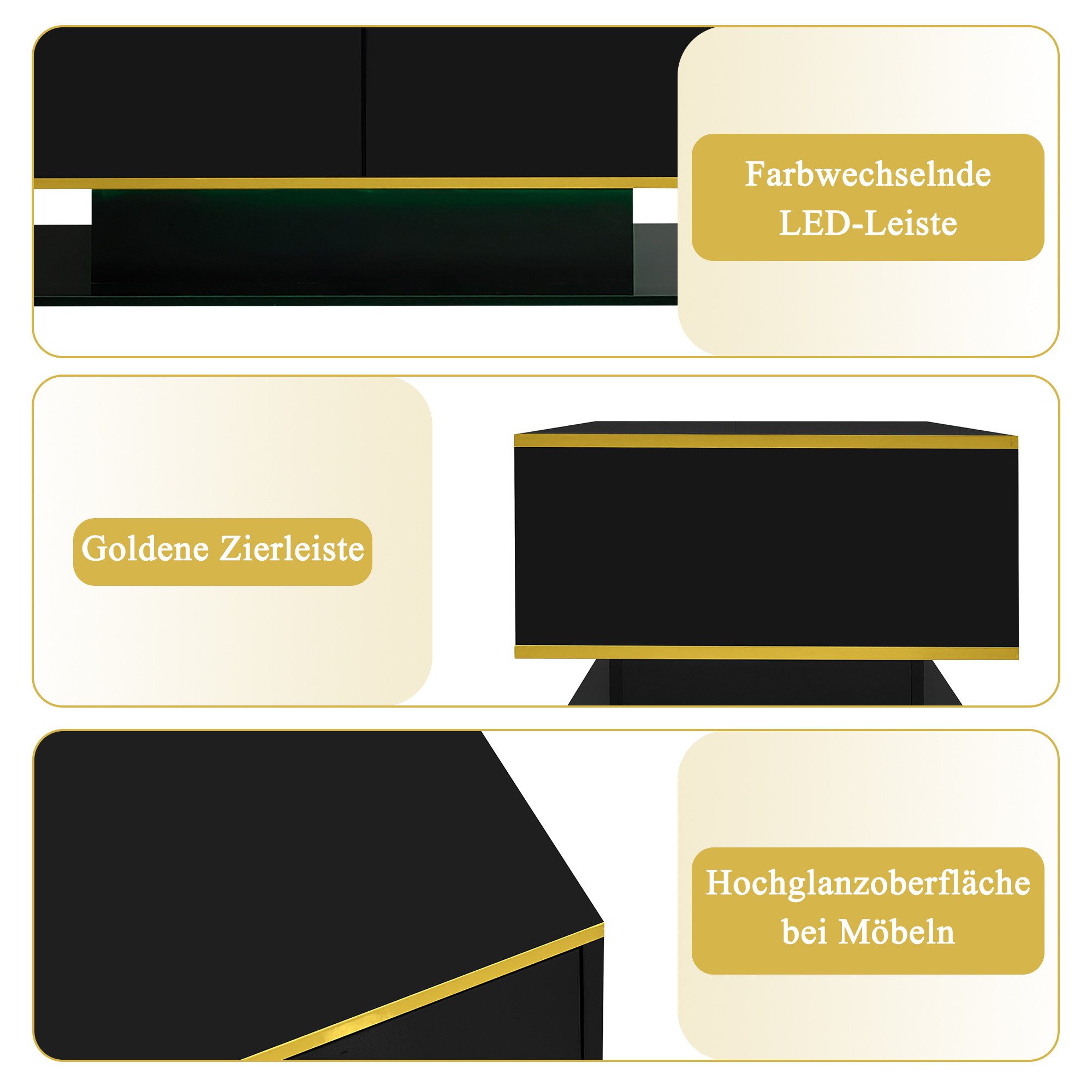 Merax Couchtisch hochglanz Sofatisch Beistelltisch mit LED-Beleuchtung (1-St), Wohnzimmertisch mit 3 Schubladen, Stauraum & Goldakzenten, 100x50x40cm – Bild 5 von 5