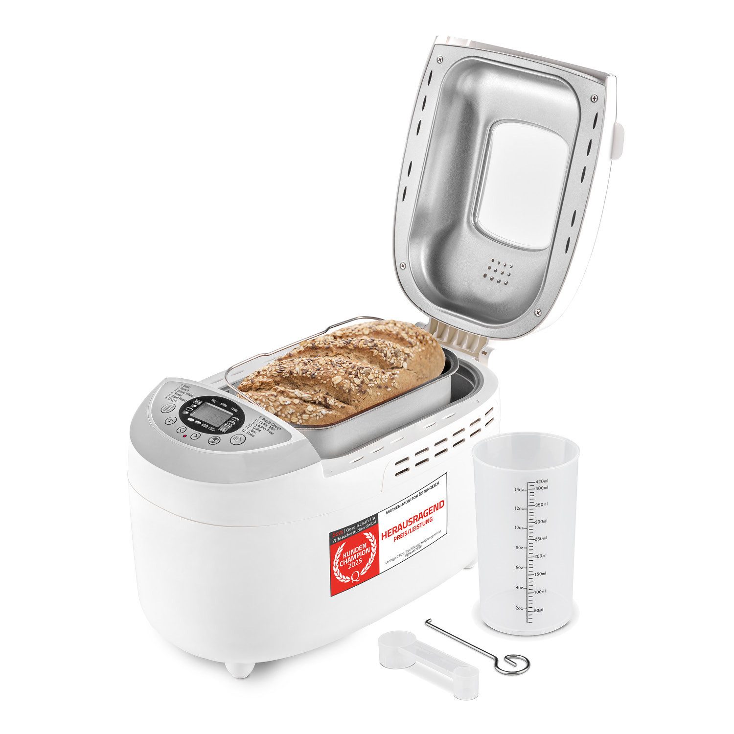 TZS FIRST AUSTRIA Brotbackautomat Brotbackmaschine, automatisch, 900g-1250g Brot, mit Timer, Display, 850 W, Brotbackautomat, inkl. 2 Knethaken, Antihaftbeschichtet,Sauerteig