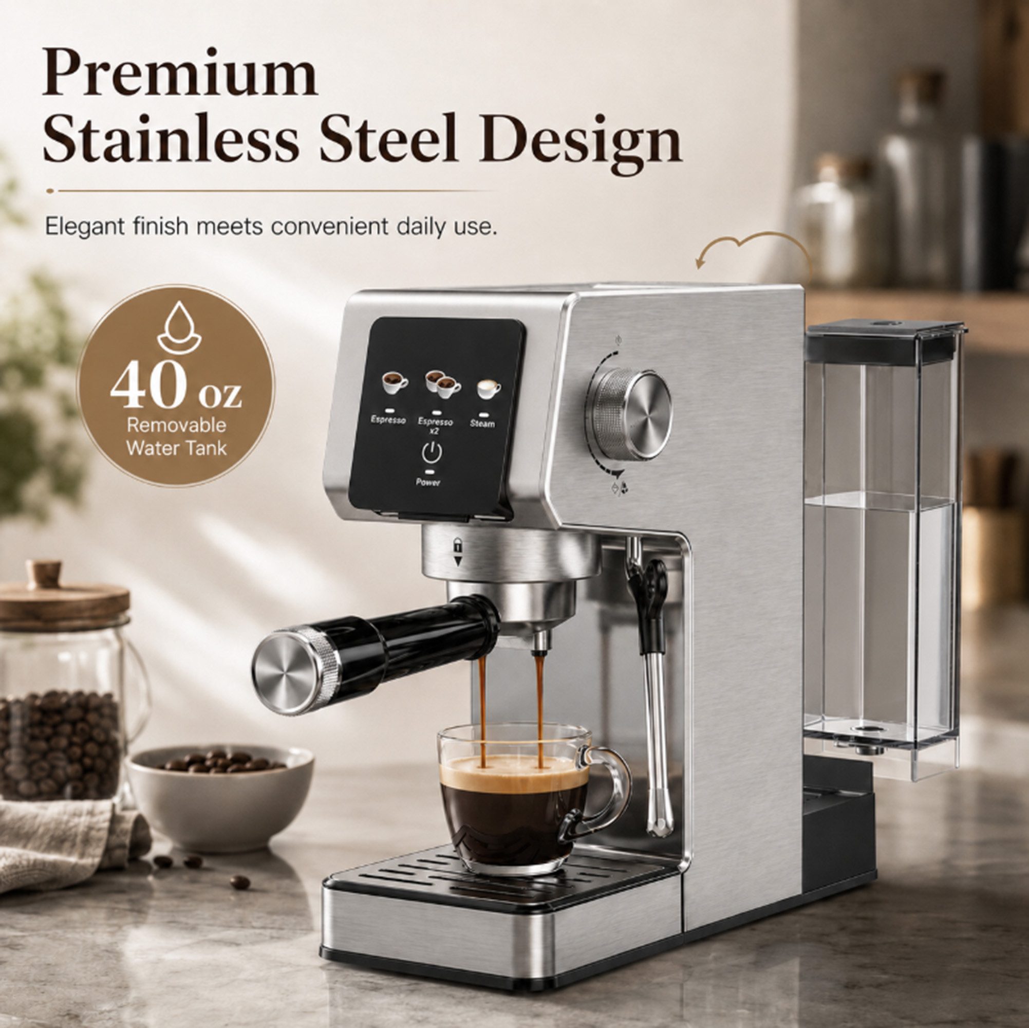 ibettertec Kaffeebereiter 2-in-1 Edelstahl Siebträger Espressomaschine, Siebträgerfilter 58 mm, Doppelbezug einstellbar Individuelle Extraktionszeit