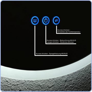 AQUABATOS LED-Lichtspiegel Badspiegel rund mit Beleuchtung LED Wandspiegel 60 cm, 3 Lichtfarben einstellbar, Beschlagfrei, Touch, Dimmbar, IP44
