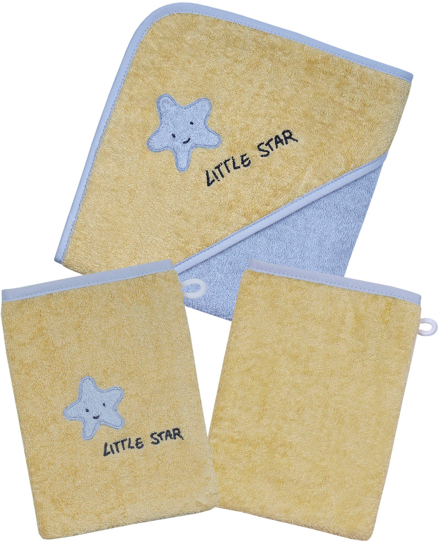 Wörner Handtuch Set Little Star Kapuzenbadetuch mit 2 Waschhandschuhen, Frottier (Spar-Set, 3-St), mit Stickerei Stern mit Schriftzug