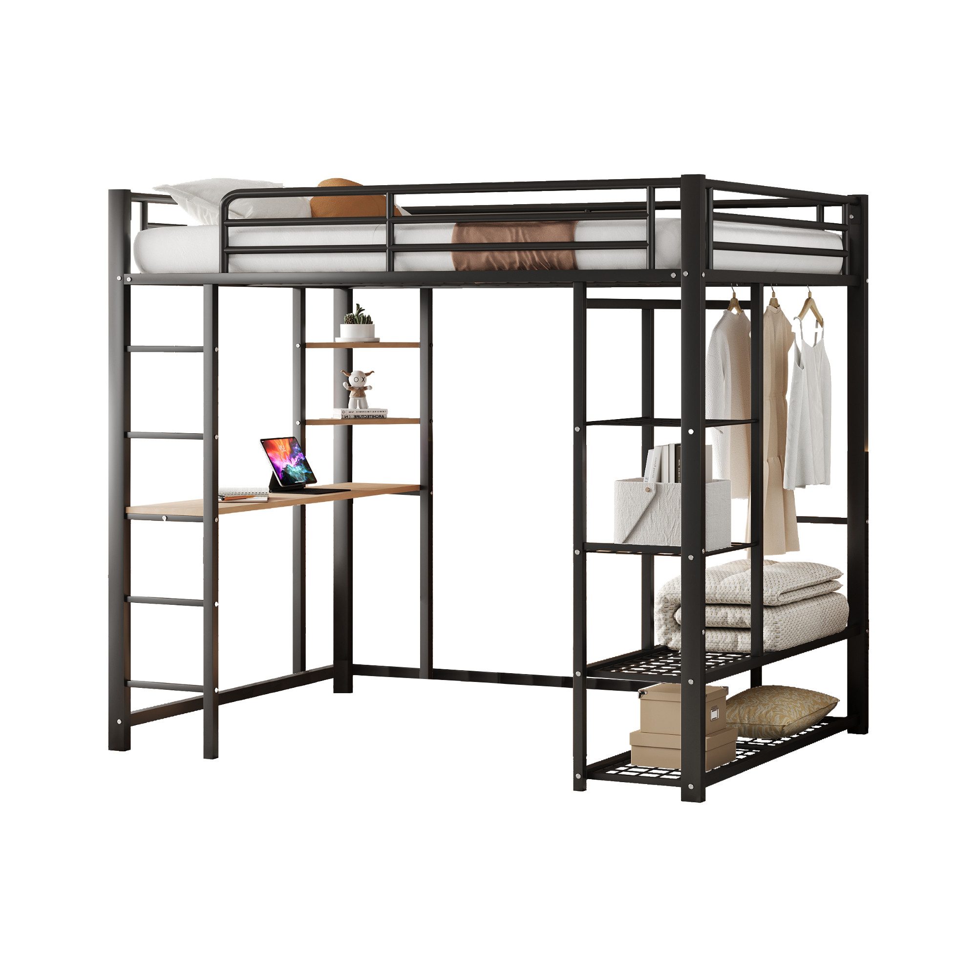 Tongtong Etagenbett,Kinderbett, Metall-Hochbett mit Leiter (Bis 120 kg belastbar, 140*200 cm, Schwarz), Juniorbett Doppelbett mit einfachen Kleiderbügeln mit Ablagefächern