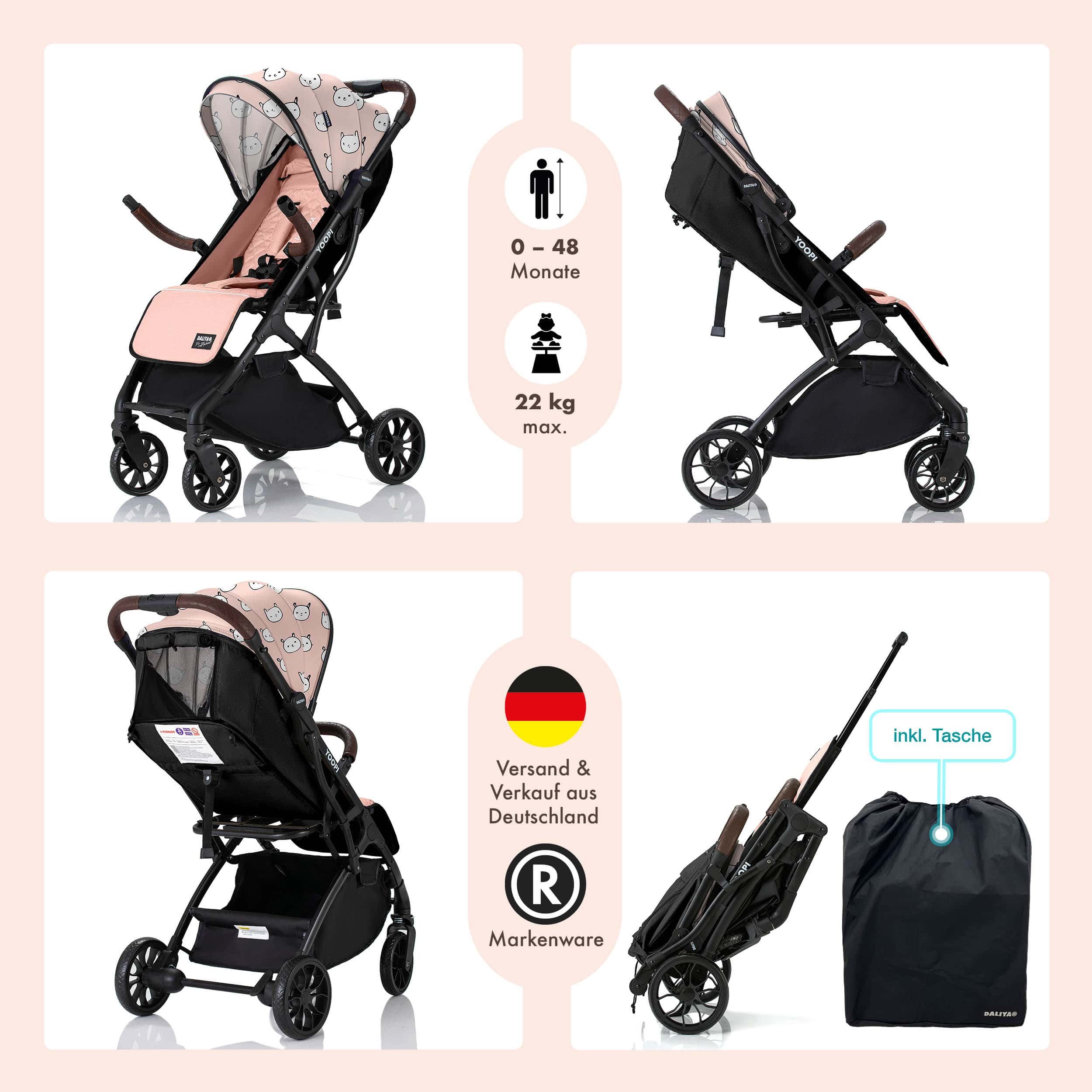 Daliya® Kinder-Buggy YOOPI Reisebuggy, kompakt faltbar, mit Teleskopgriff, Flugzeug Buggy, Stadt-Buggy, Reisebuggy, faltbar, Alurahmen, sicher, gefederte Räder