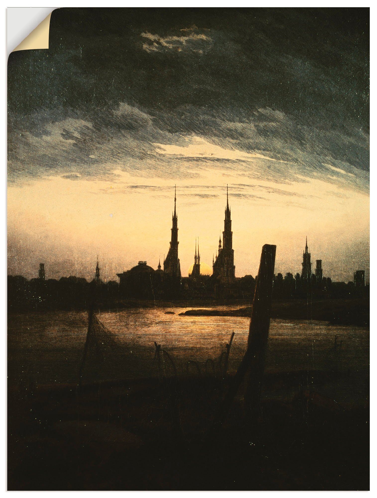 Leinwandbild, Stadt bei (1 St), Gewässer in Wandaufkleber versch. Wandbild als Artland oder Größen Mondaufgang, 1825/30, Poster