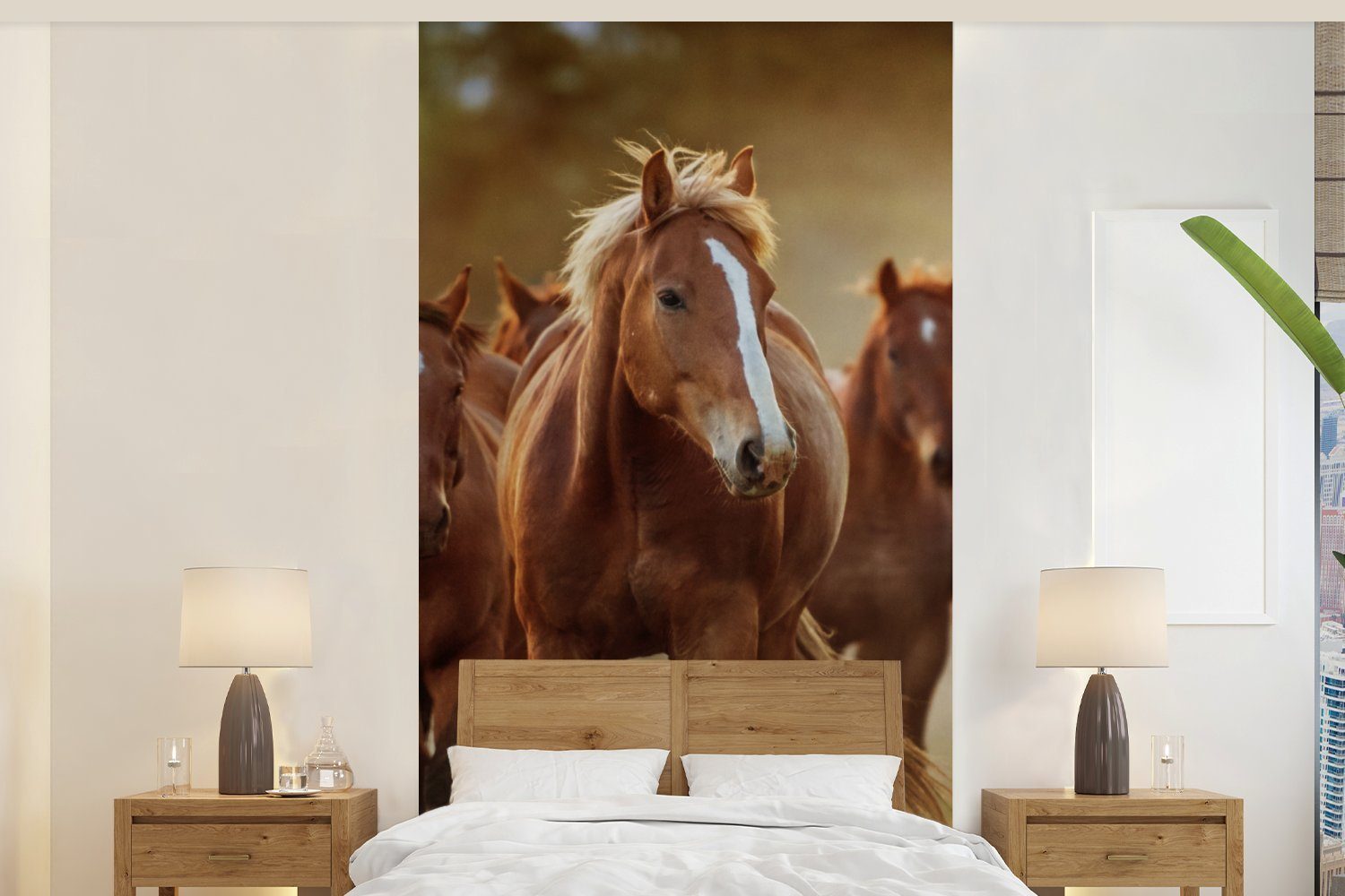 MuchoWow Fototapete Pferde - Licht - Natur, Matt, bedruckt, (2 St), Vliestapete für Wohnzimmer Schlafzimmer Küche, Fototapete